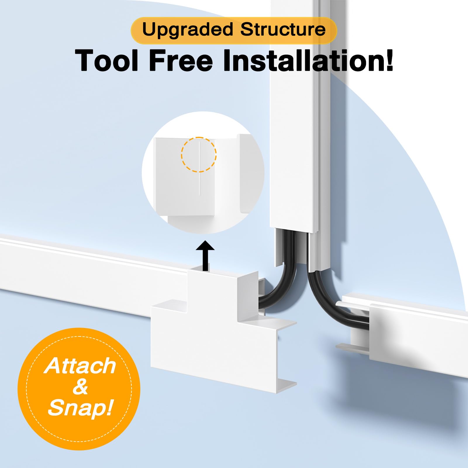 Delamu cord management cover with 157-inch white wire hider for wall cables, TV wire concealment, and cable raceway kit.
