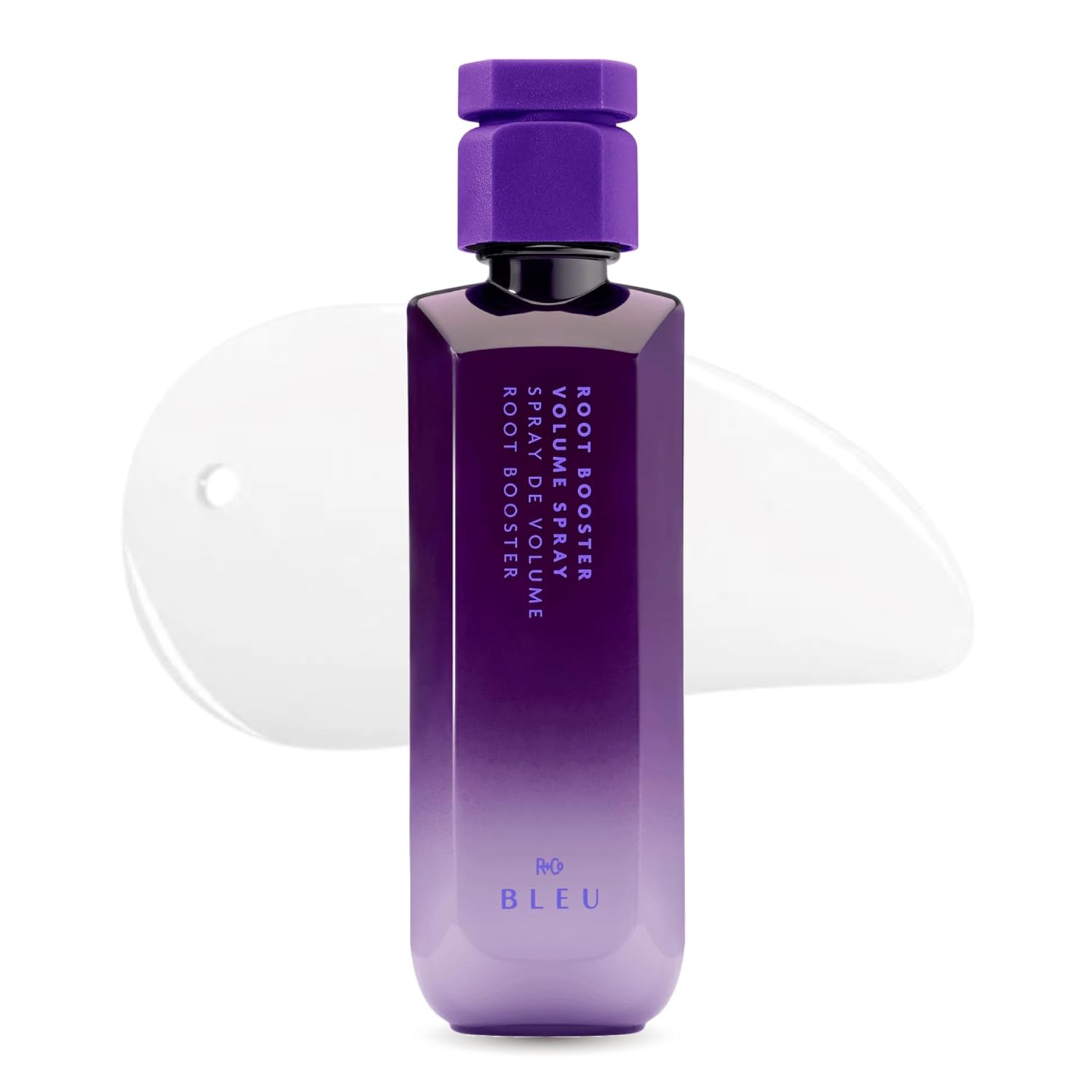 Elefair R+Co BLEU Root Booster volume spray for fine hair, showing the spray bottle with a sleek design and product label.