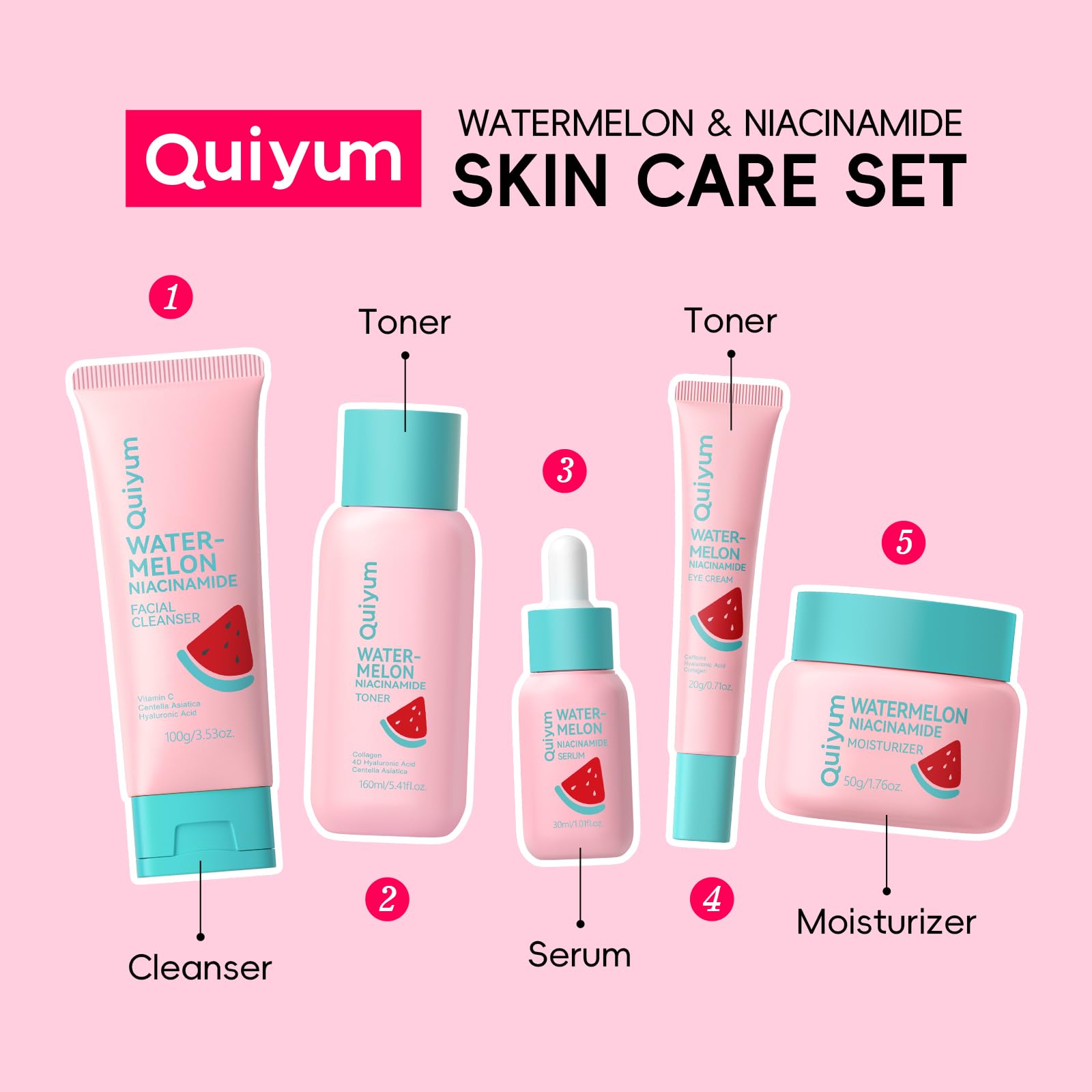 Watermelon &amp; Niacinamide Skincare Set for Women Teens Girls, - QUIYUM