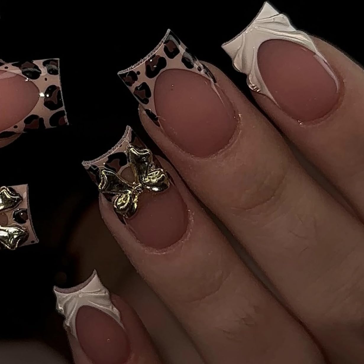Press On Nails Medium Square Fake Nails French Tip Nails Press Ons With Leopard Print 3D Bow Designs, Fall Winter Glue On Nails For Women Nail Art, Reusable Glossy Acrylic 24Pcs