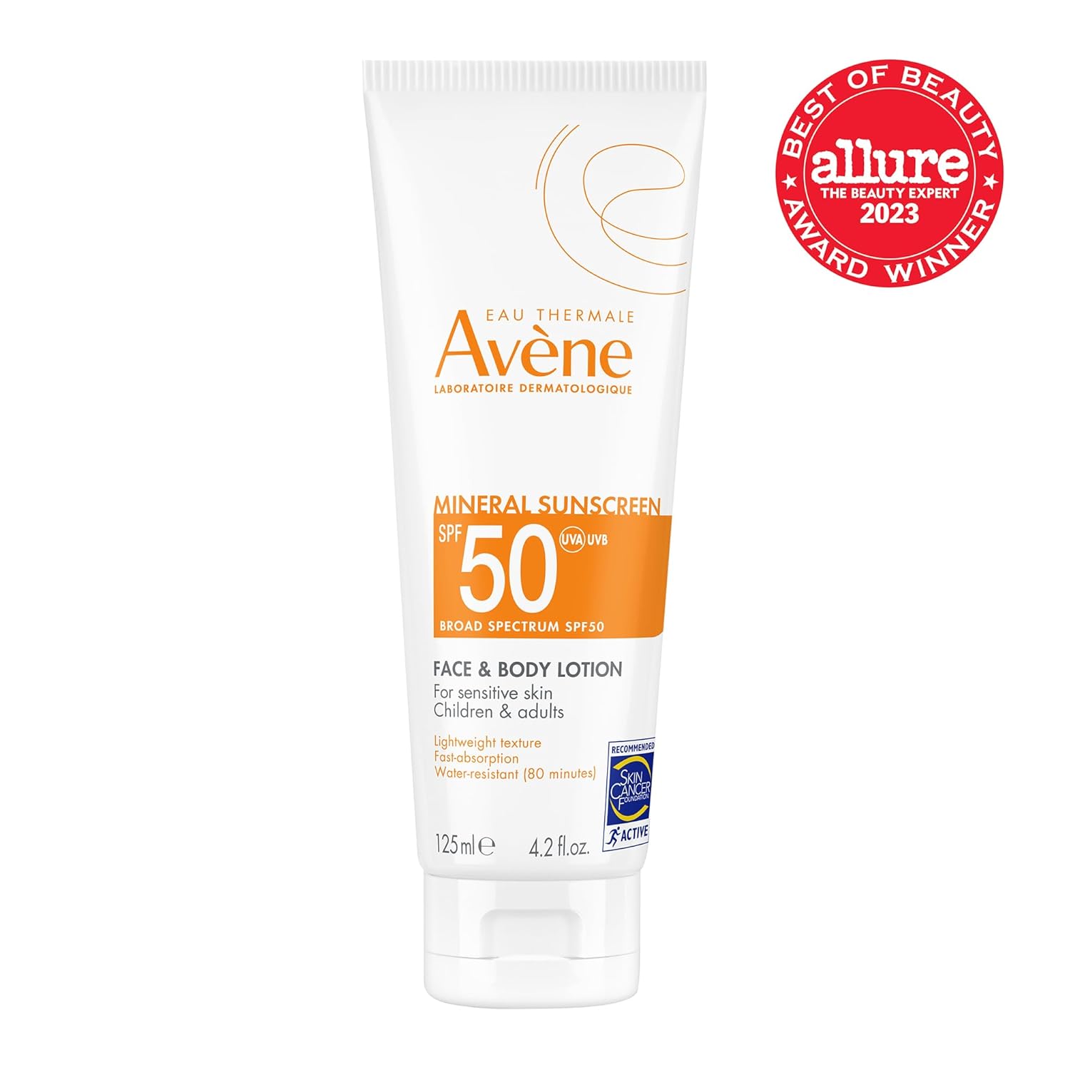 Avène Sheer Mineral Sunscreen SPF 50 face and body lotion in a 4.23 fl oz tube, with a smooth, lightweight texture.