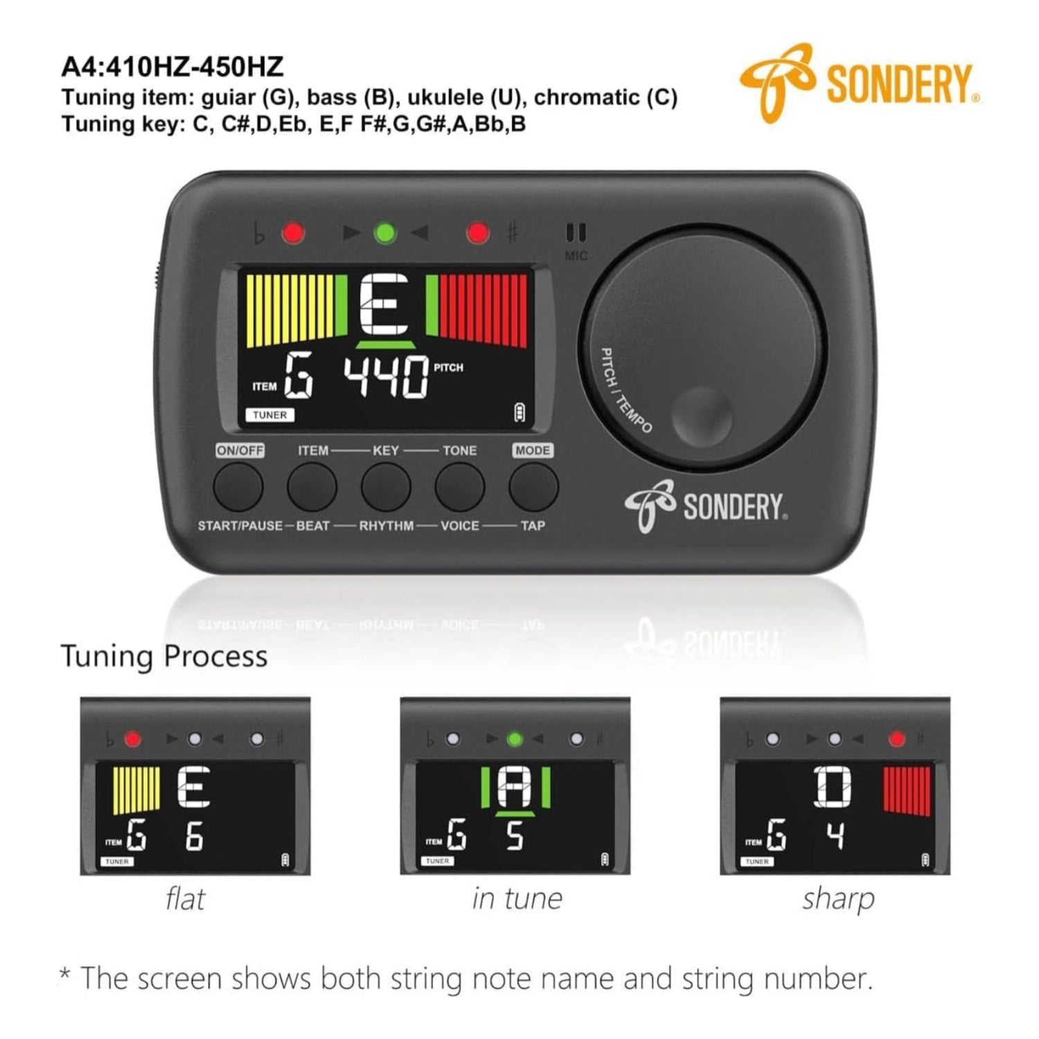 Sondery 3-in-1 digital metronome and tuner device with rechargeable battery, suitable for all musical instruments.