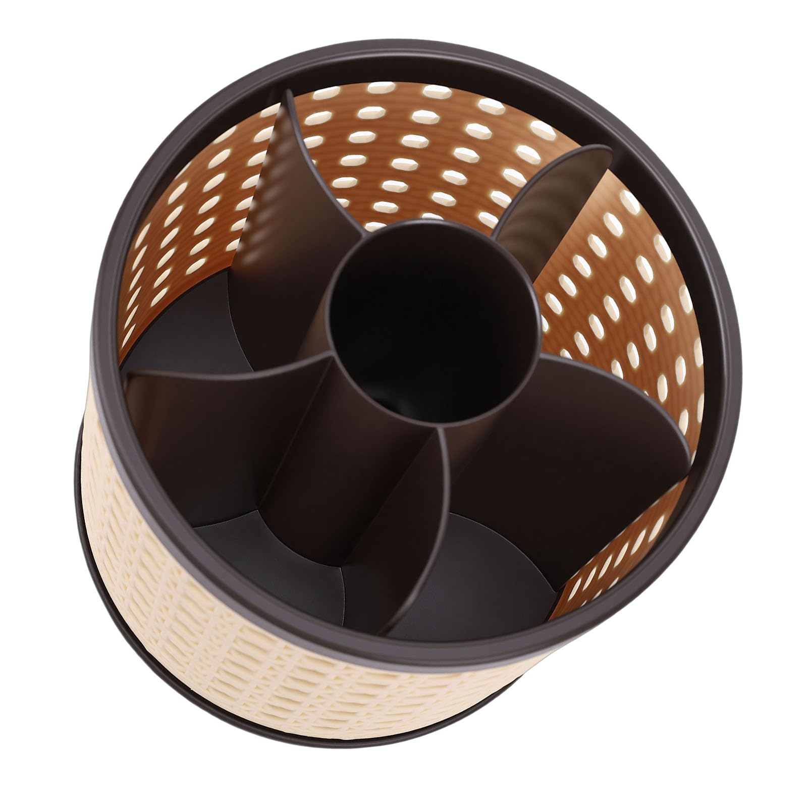 Serounder 360° rotating brown makeup brush holder organizer caddy with multiple compartments for cosmetics and tools.