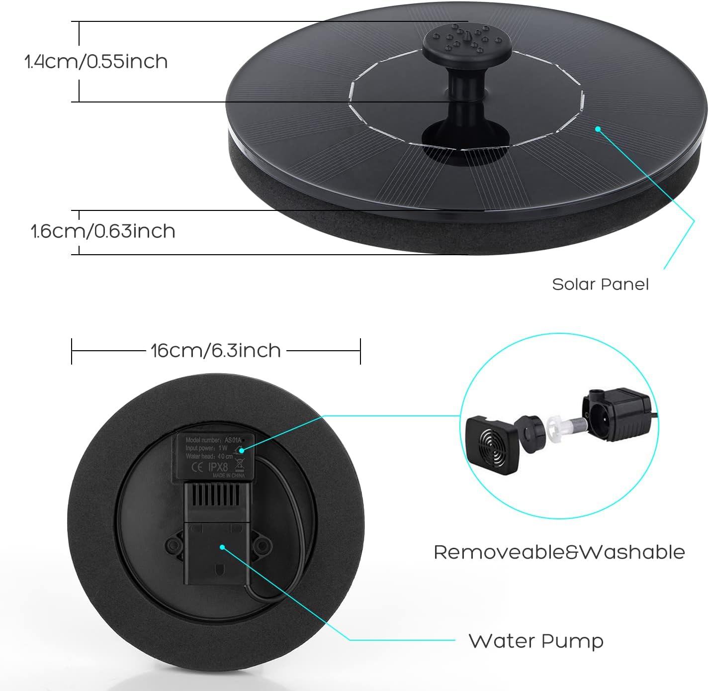 Mademax 1W solar bird bath fountain pump floating on water, compact and free-standing solar-powered fountain for bird baths