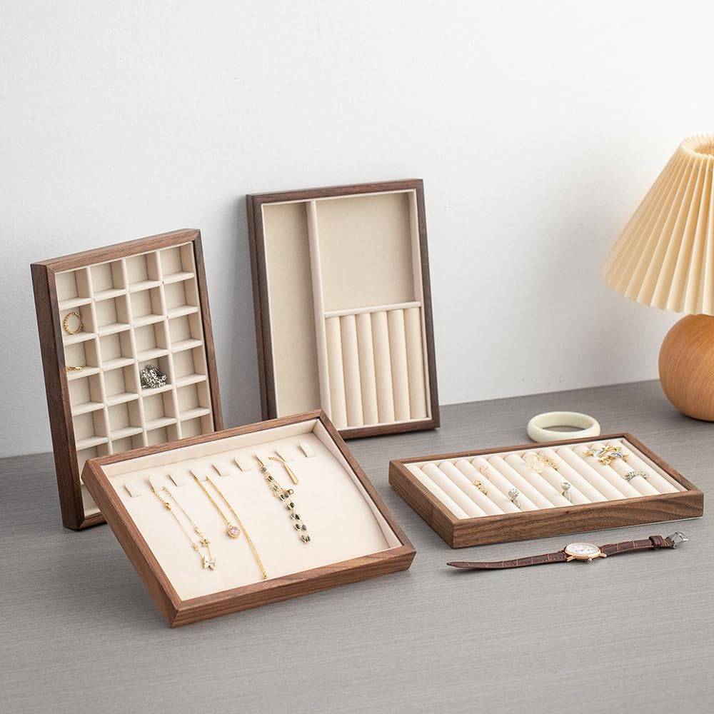 28 Grid Black Walnut Wooden Jewelry Tray with Velvet Lining - MIGAKU HOME Official Imagery - 7