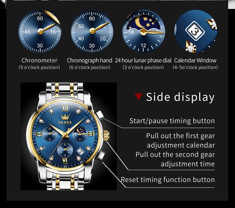 OLEVS Men's Luxury Dress Watch Blue Gold Silver Waterproof