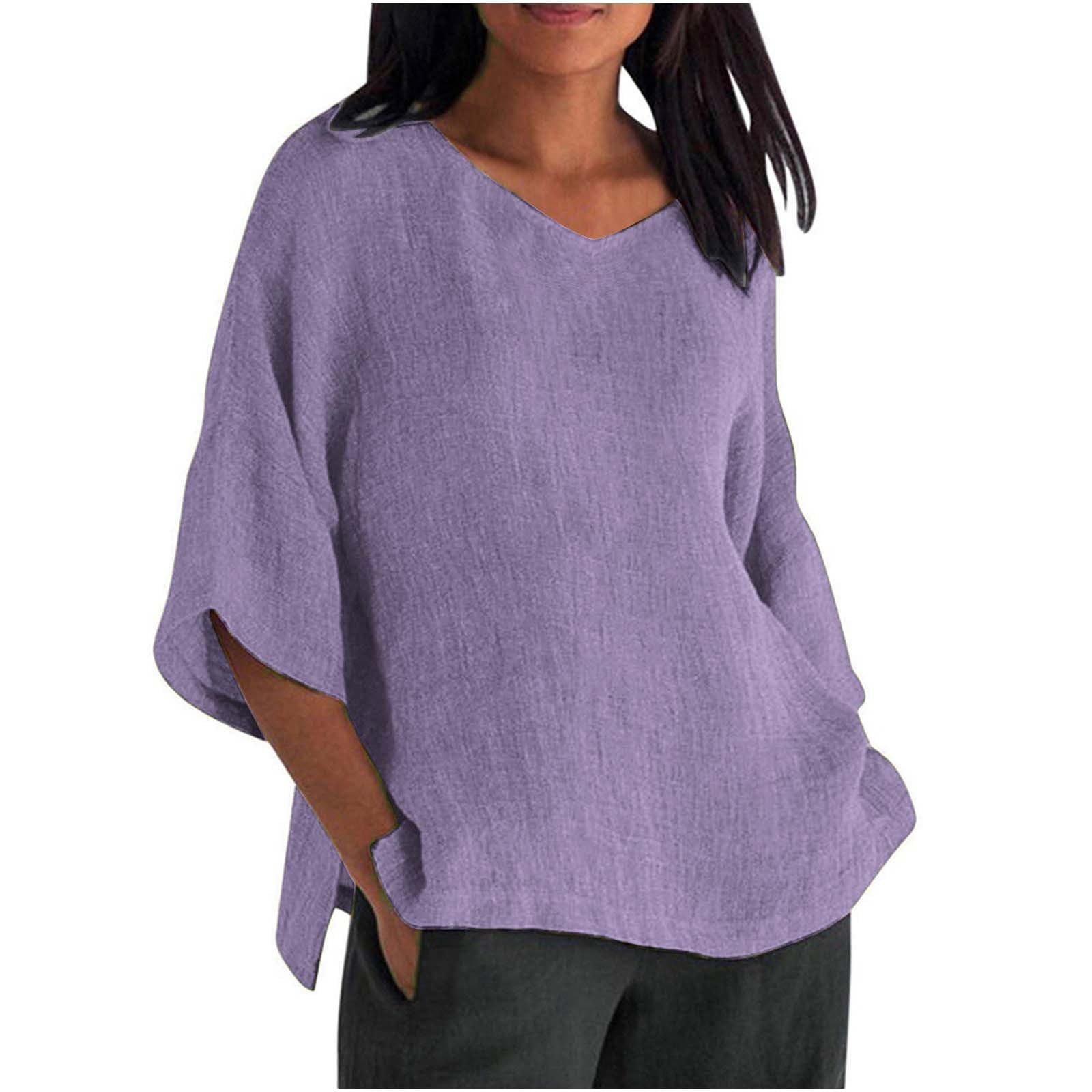 Linen Shirts for Women 2025 Summer Basic Solid Color 3/4 Sleeve Tunic - View 4