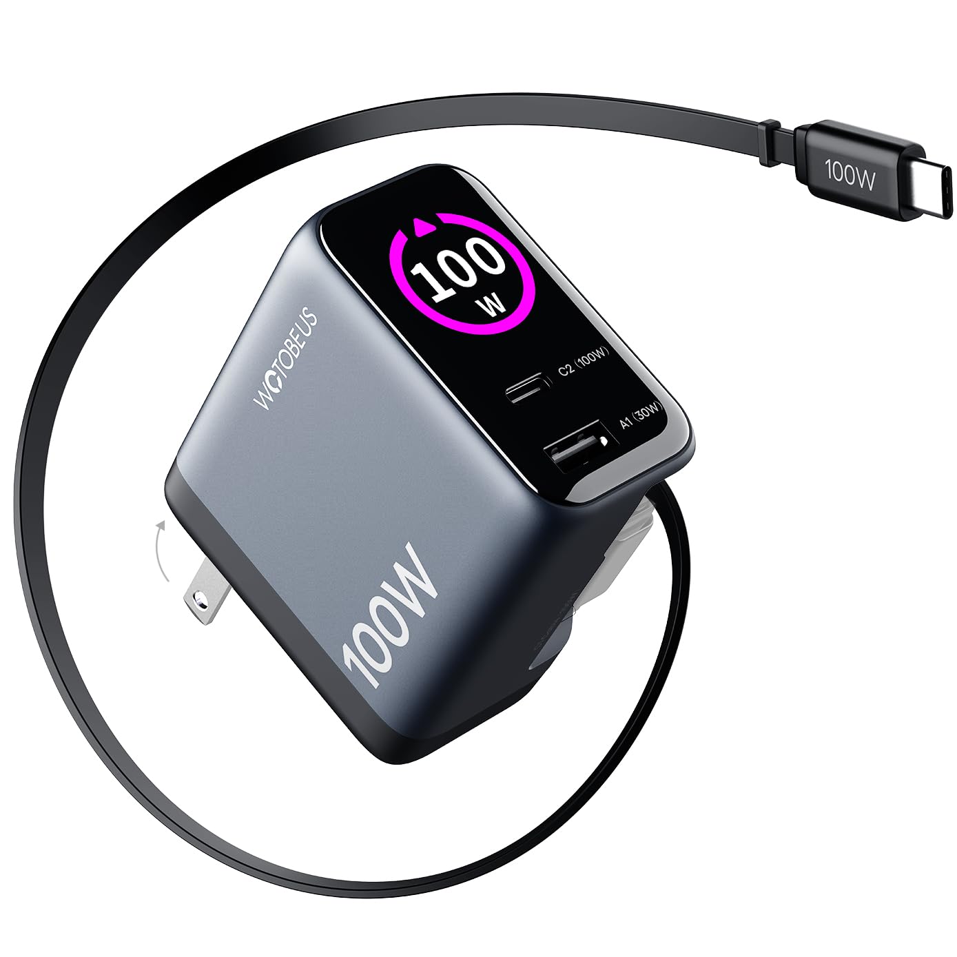 WOTOBEUS GaN+ 100W PD charging adapter with retractable USB-C cable, smart display, touch control, and fast charging for smartphones and laptops