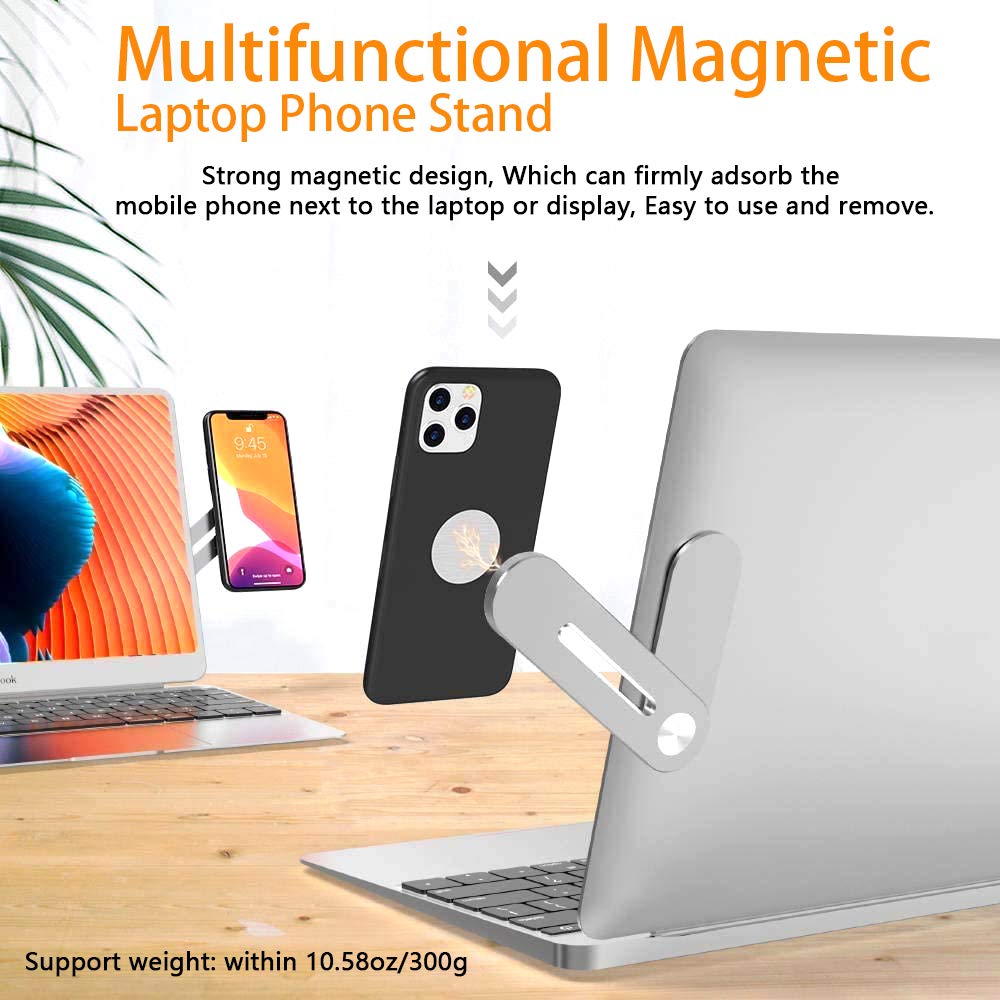 Silver DK177 portable laptop and monitor side mount phone holder with foldable smartphone stand and expansion bracket for any phone.