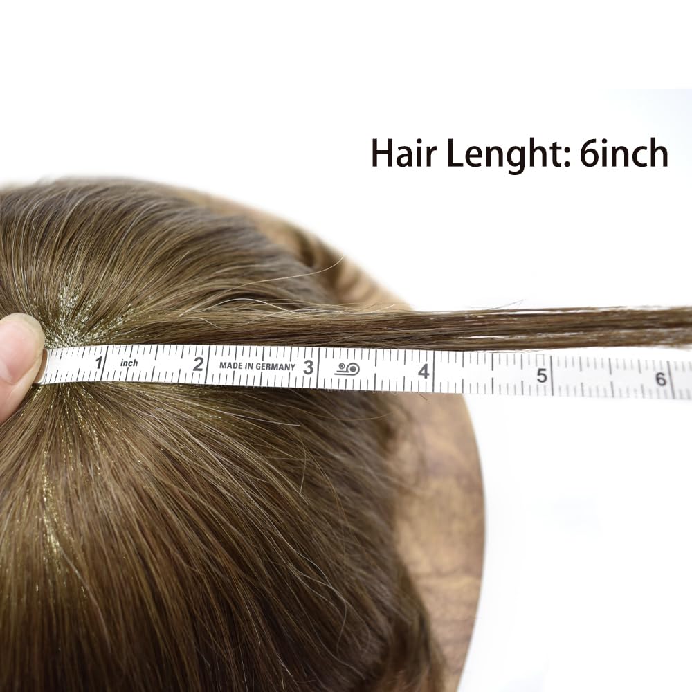 Curve Hair Mens Toupee Human Hair Piece Replacement System Monofilament Wig Hair Unit for Men Durable Poly Coated Mens Hairpiece (#540 Light-Med Brown+40% Gray, 6"X8")