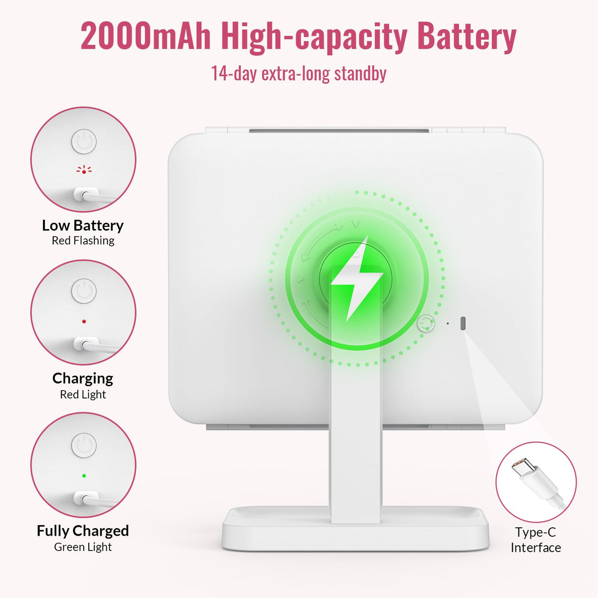 EASEHOLD 2000mAh Rechargeable Lighted Makeup Vanity Mirror - EASEHOLD Official Imagery - 3