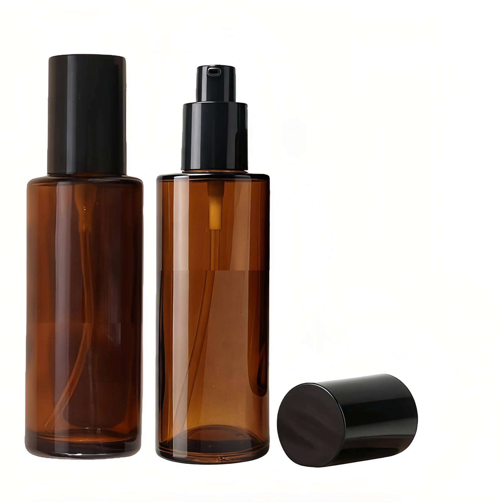 2PCS 60ml/2oz Empty Refillable Amber Glass Lotion Pump Press Bottles Soap Dispensers Containers Jars with Black Cap for Foundation Cream Makeup Removel Oil Shampoo