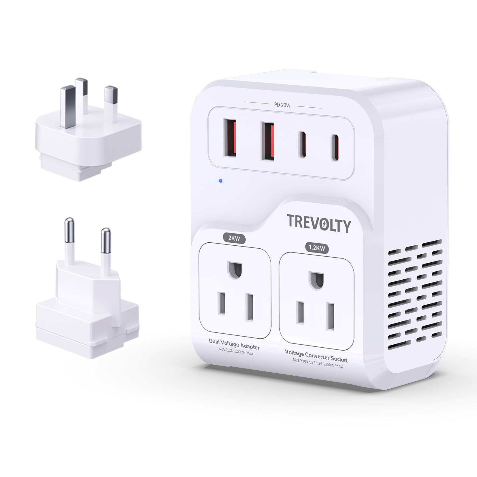 TREVOLTY 2000W voltage converter for hair dryers, UK to Europe, with multiple ports, white universal travel adapter, Type C G plug