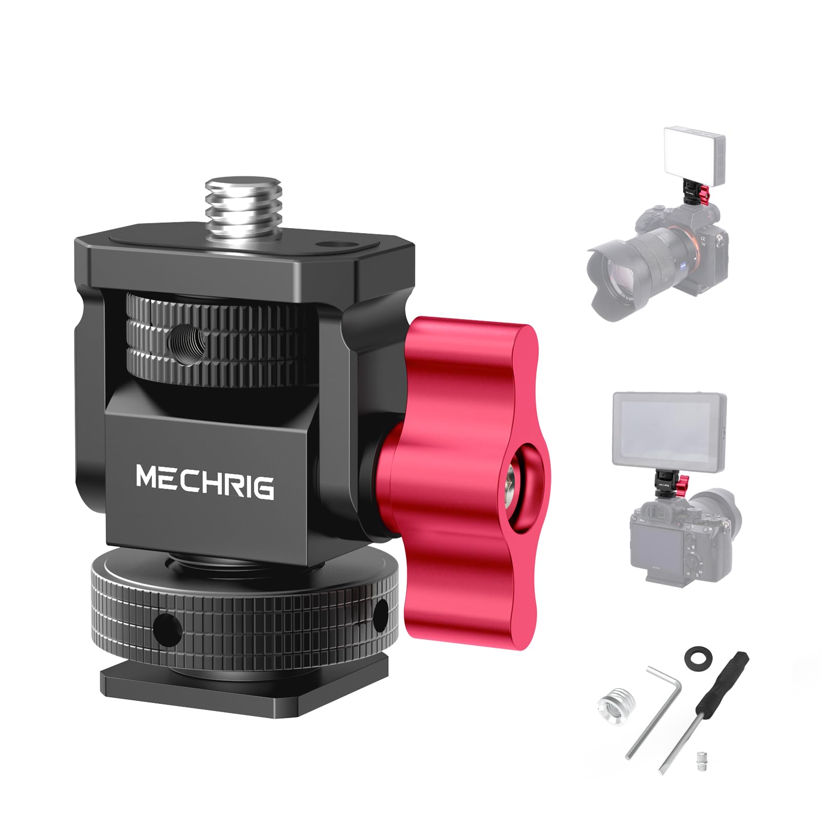 Mechrig mini camera monitor mount with cold shoe, aluminum bracket, 1/4" screw, 360° swivel, and 180° tilt for LED lights and cages.