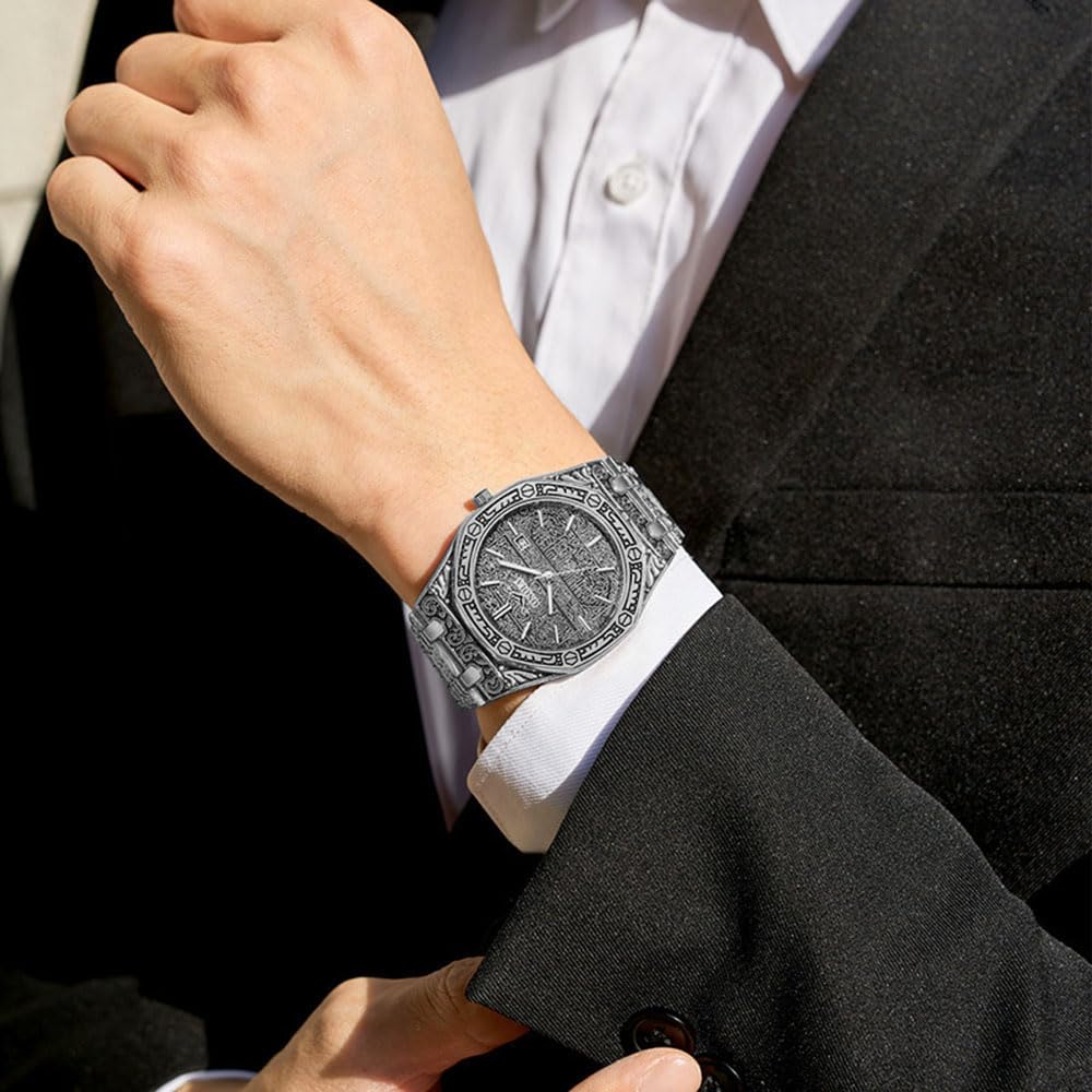 Retro Watches for Men Quartz Watches Tattoo Pattern Carved - HUNRUY Official Imagery - 7