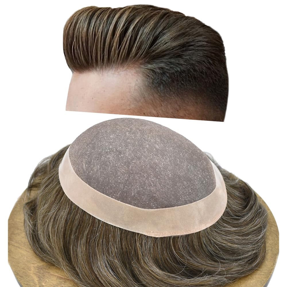 Curve Hair Mens Toupee Human Hair Piece Replacement System Monofilament Wig Hair Unit for Men Durable Poly Coated Mens Hairpiece (#550 Light-Med Brown+50% Gray, 7"X10")