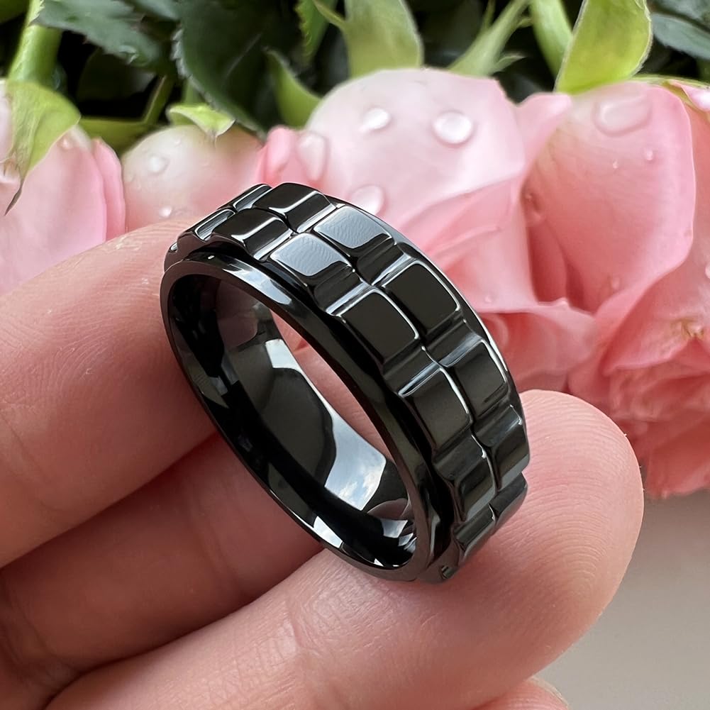TUTISS 8mm Black Tungsten Spinner Ring for Men & Women