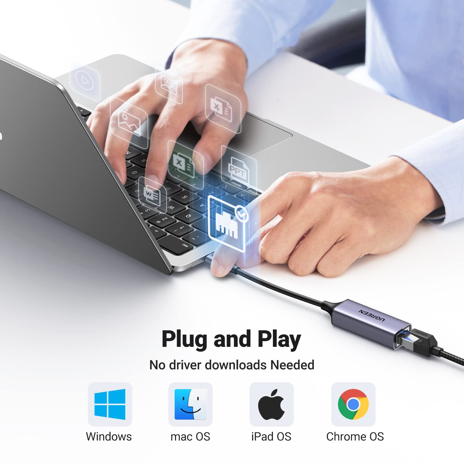 UGREEN USB C to Ethernet adapter with aluminum casing, showing the compact plug-and-play network interface controller for fast 1Gbps connection.