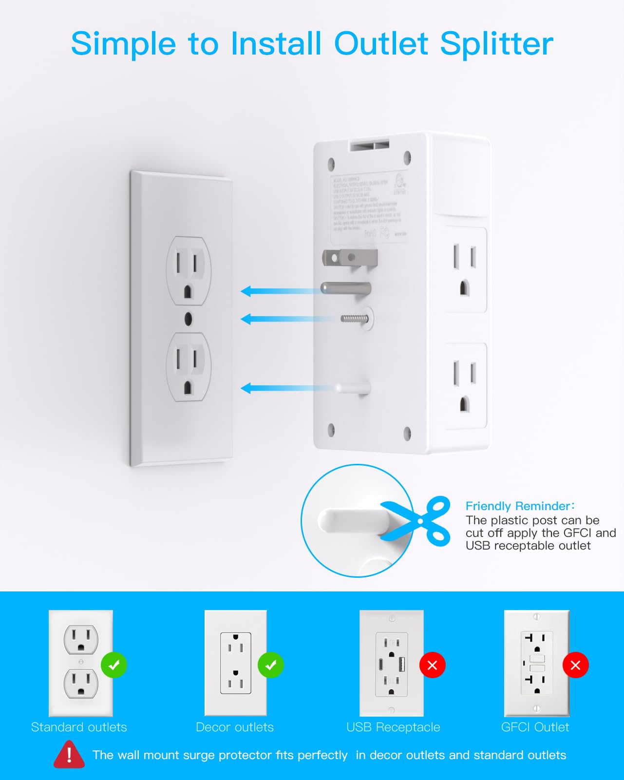 One Beat Surge Protector Wall Outlet Extender,3-Sided Outlet Splitter 1680J - One Beat Official Product View 4