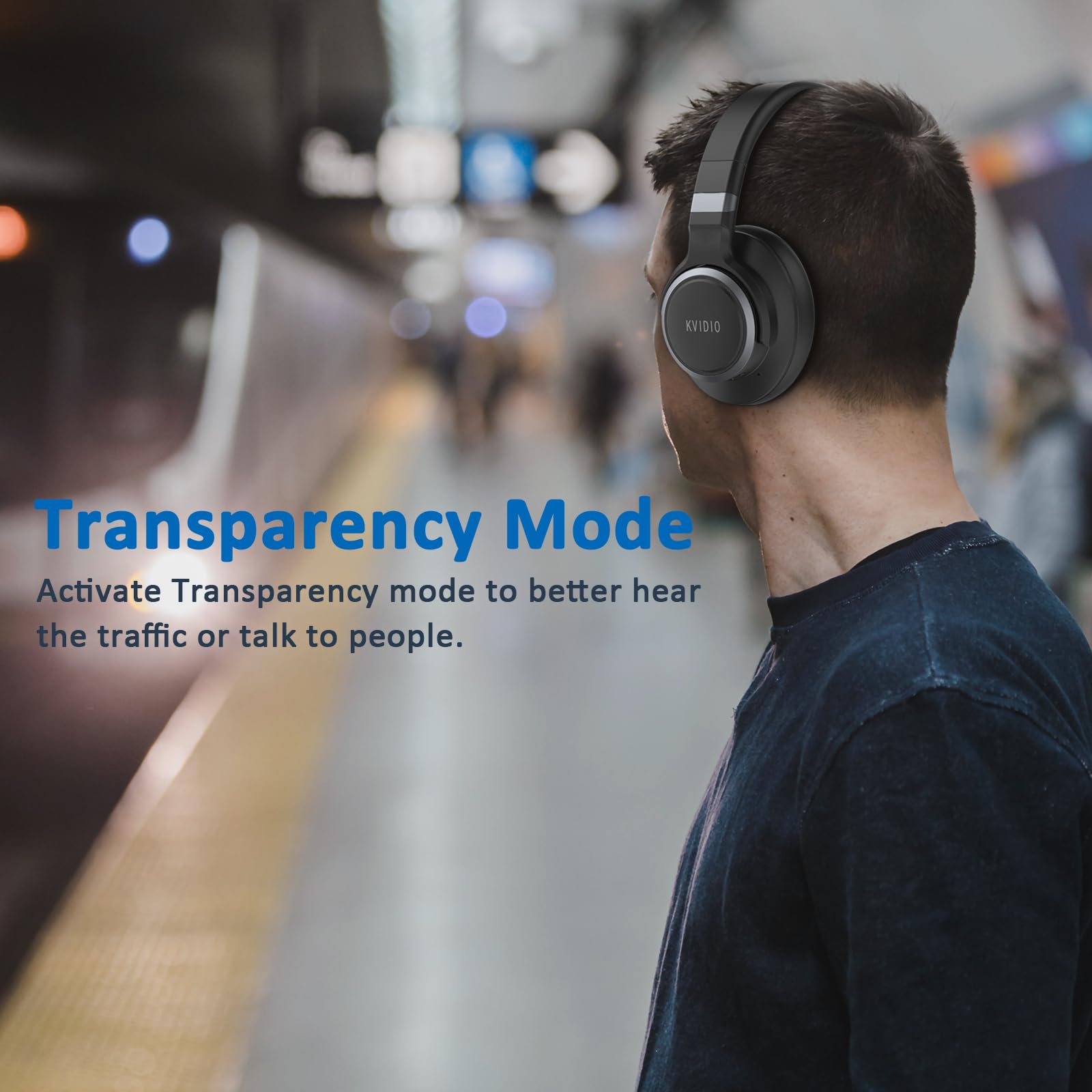 KVIDIO active noise cancelling Bluetooth headphones with deep bass, microphone, transparency mode, over-ear design for travel and office use.
