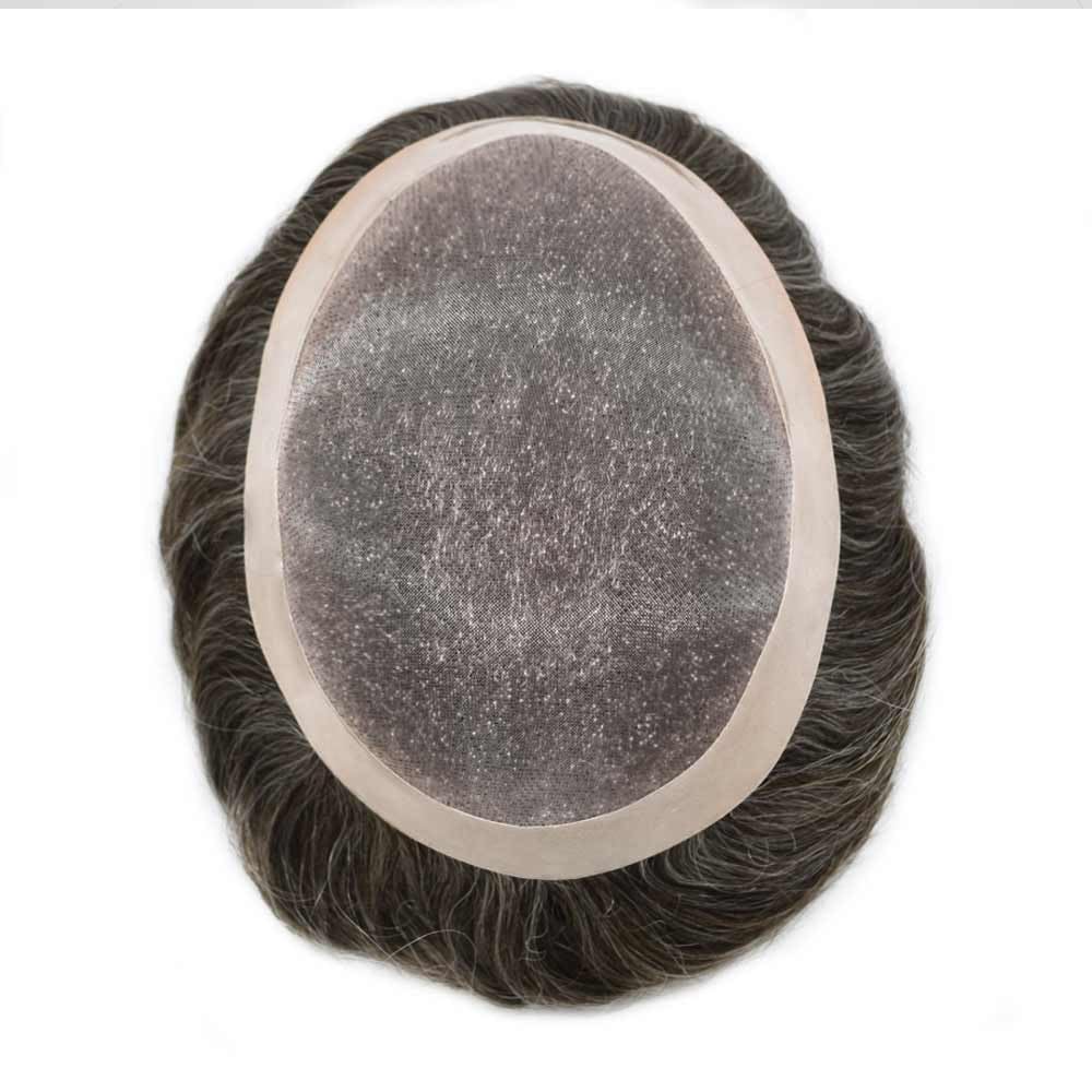 Curve Hair Mens Toupee Human Hair Piece Replacement System Monofilament Wig Hair Unit for Men Durable Poly Coated Mens Hairpiece (#310 Dark Brown+10% Gray, 6"X9")