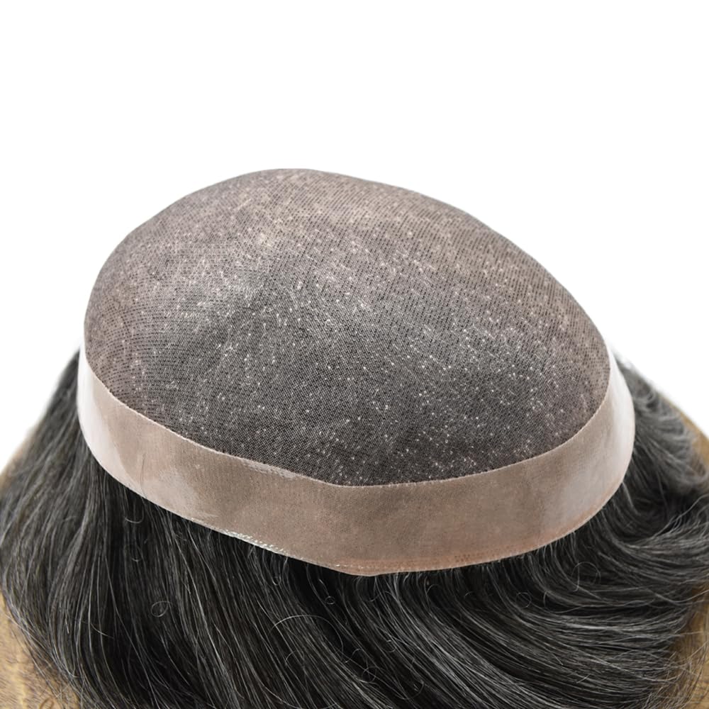 Curve Hair men's toupee wig with human hair, monofilament base, off black with gray, 6x8 inches, durable poly-coated hairpiece.