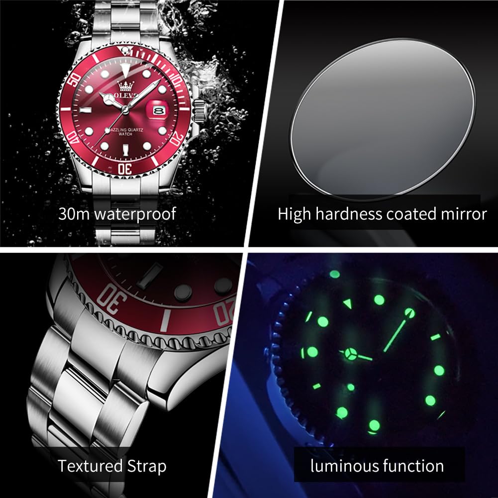 OLEVS Men's Silver & Red Dial Dress Watch Quartz Date Steel