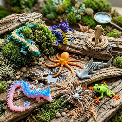 9 Pcs 3D Printed Animals & Dragon Figurine Set (Multicolor - Product Imagery