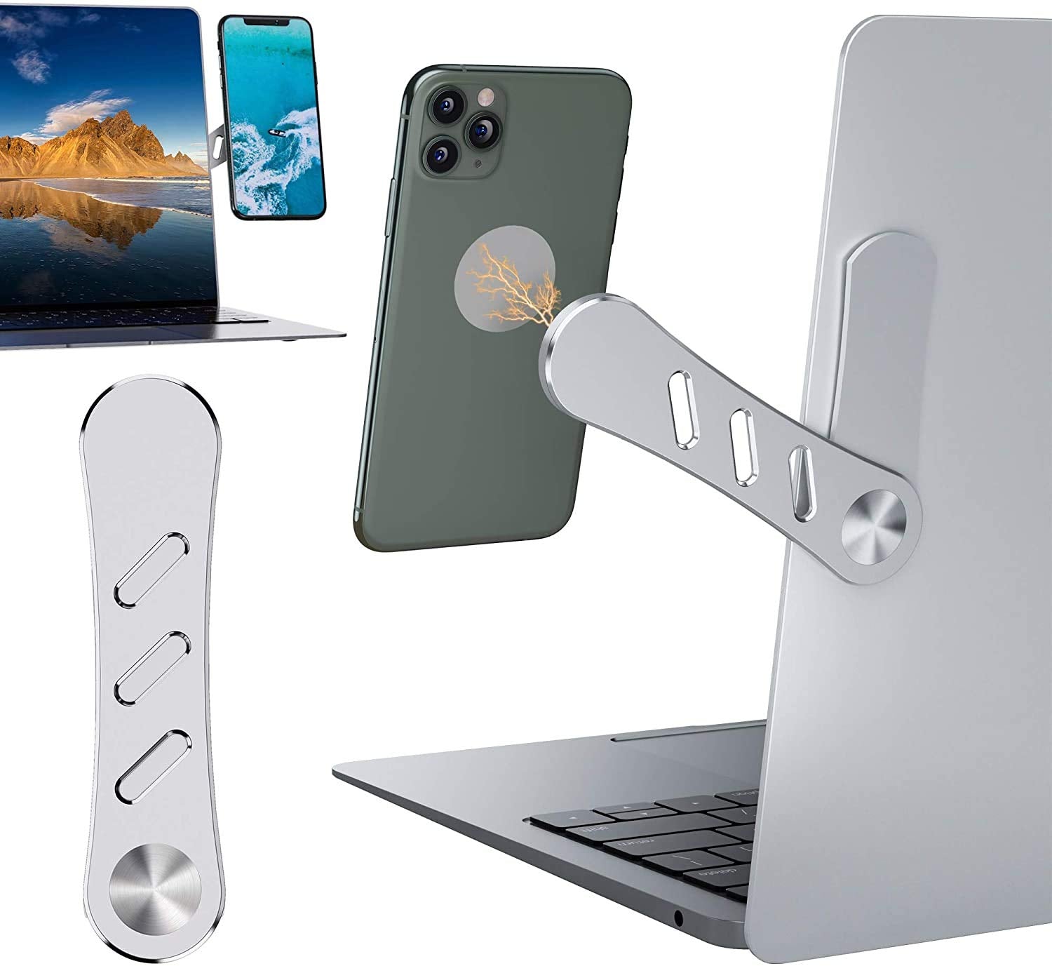 DK177 magnetic phone holder mounted on a laptop monitor side, showcasing its slim, foldable design for portable phone support.