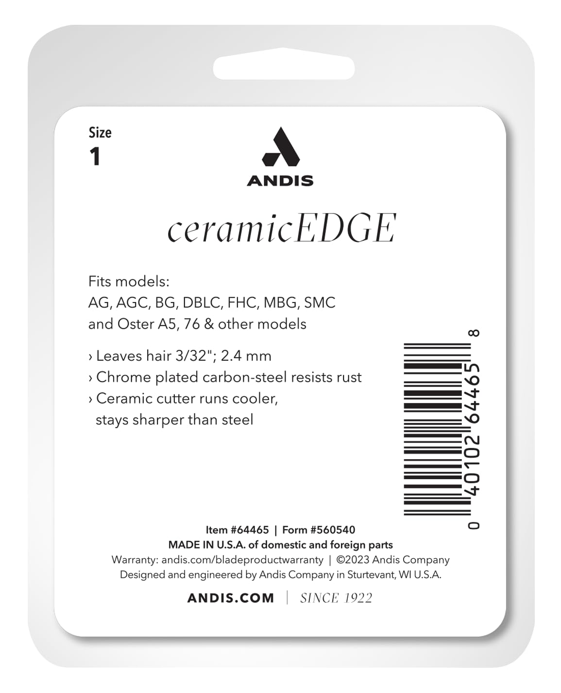 Andis 64465 CeramicEdge Carbon-Infused Detachable Blade, Size 1, 3/32in Cut