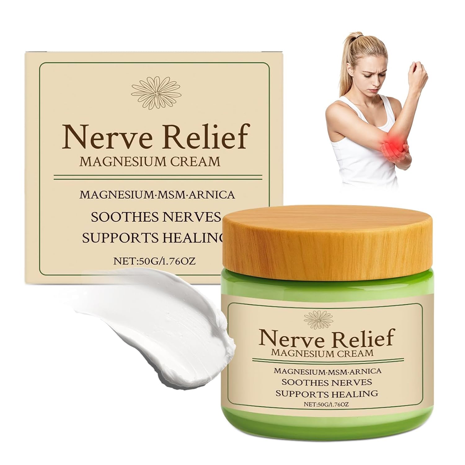 Elefair magnesium cream for muscle and nerve relief, moisturizing skin treatment in a jar, with a smooth, creamy texture.
