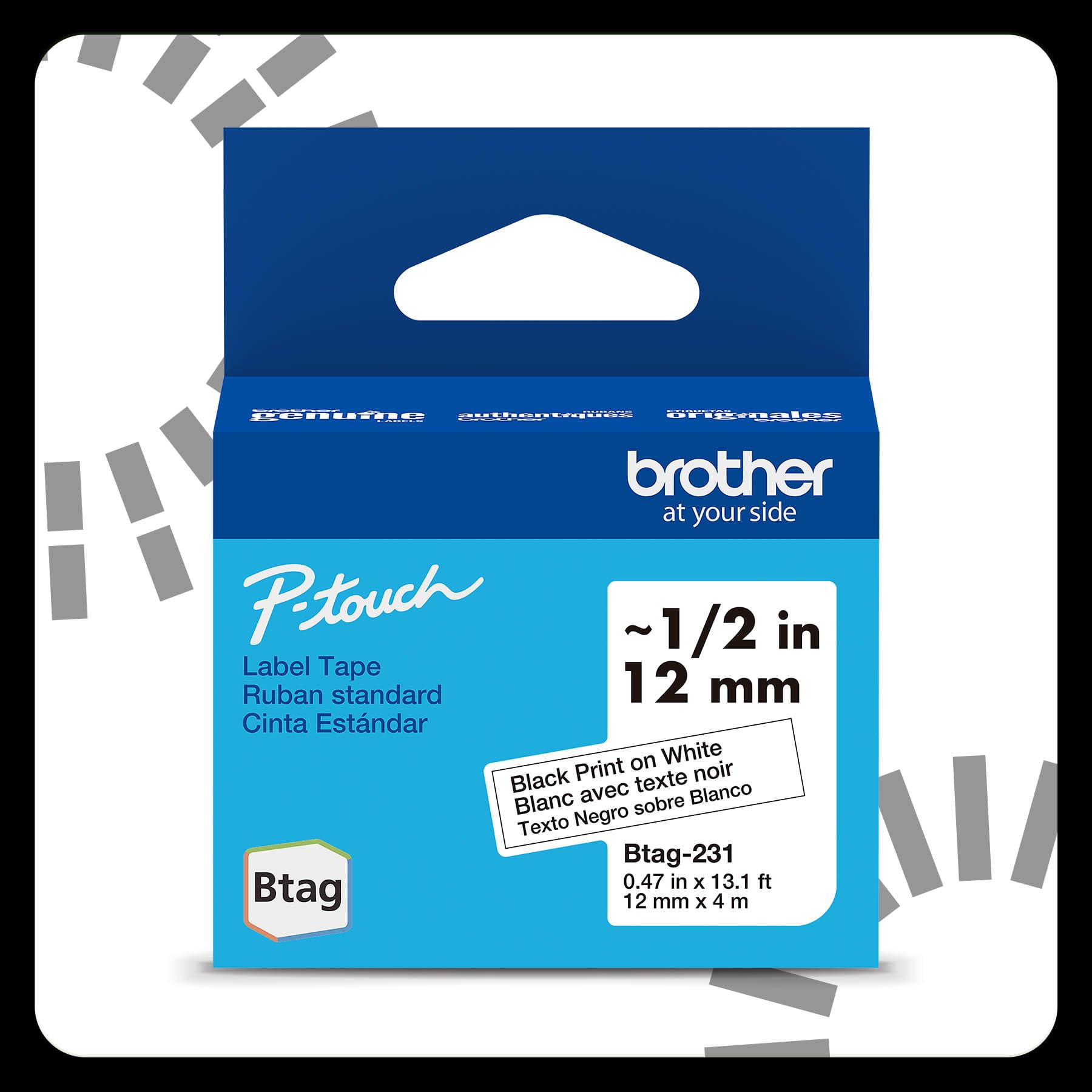 Brother genuine P-Touch BTAG231 black on white label tape for Brother label makers, 1/2 inch by 13.1 feet, shown on the cartridge