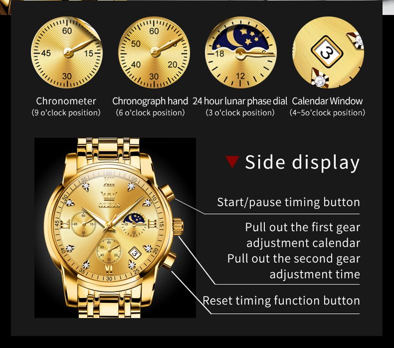 OLEVS men's diamond business dress watch with stainless steel band, analog quartz movement, waterproof design.