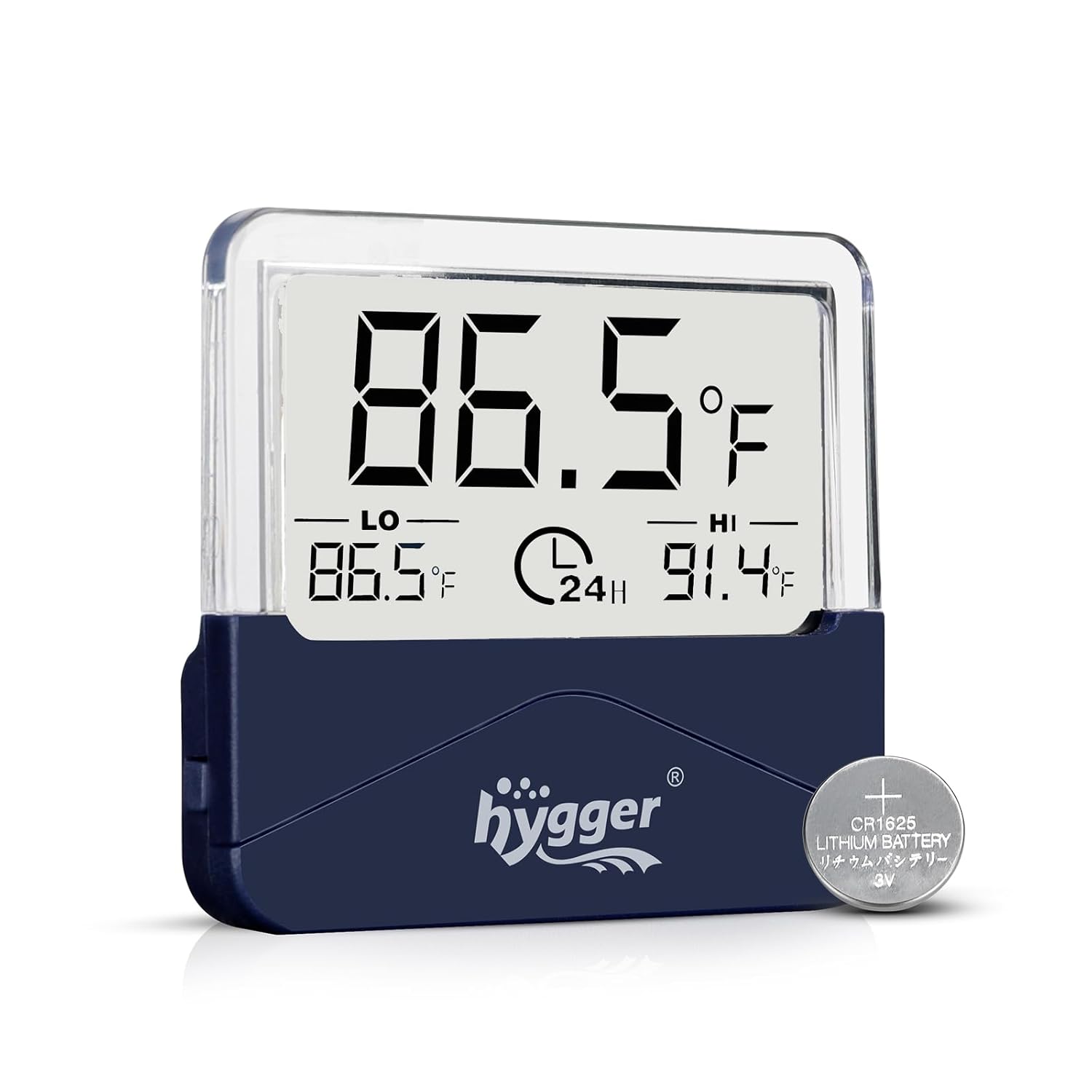 hygger digital aquarium thermometer displaying current, maximum, and minimum water temperature readings for fish tank monitoring