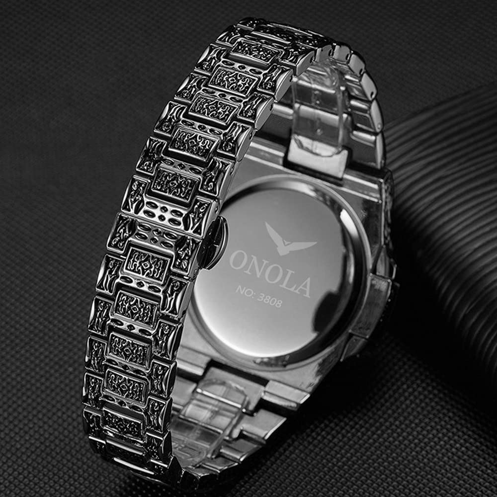 HUNRUY Retro Carved Men's Quartz Watch – Silver
