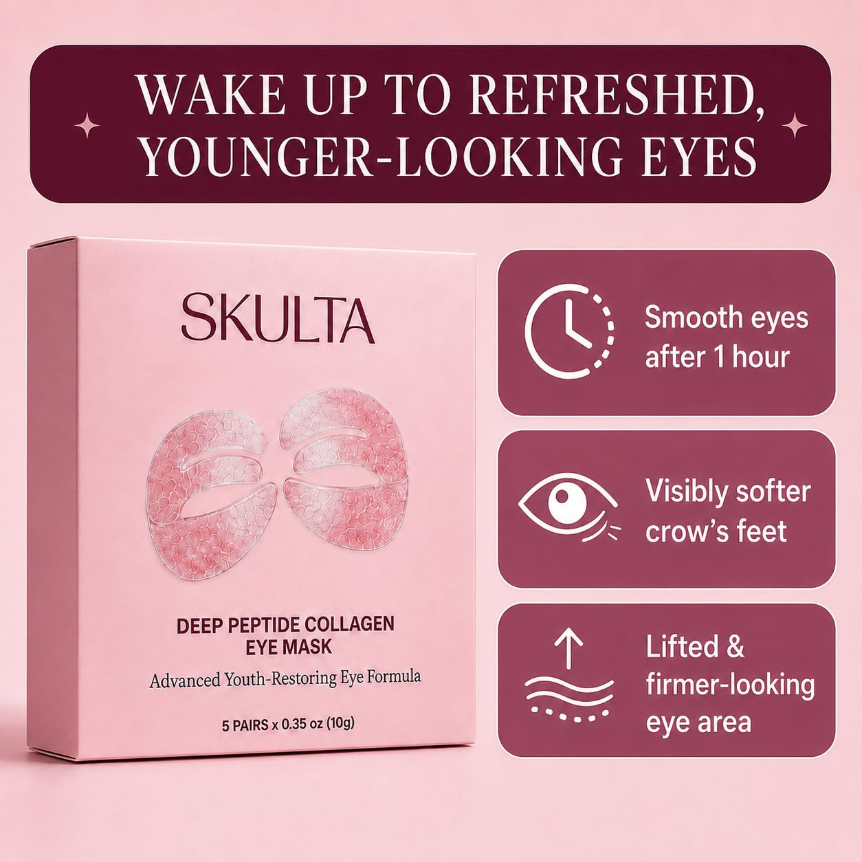 Deep Peptide Collagen Eye Mask, 3-Piece Full Eye Contour Patches, Collagen Eye Mask Patches for Under Eyes, Eyelids & Brow Area (5 Pairs) - SKULTA Official Product View 5