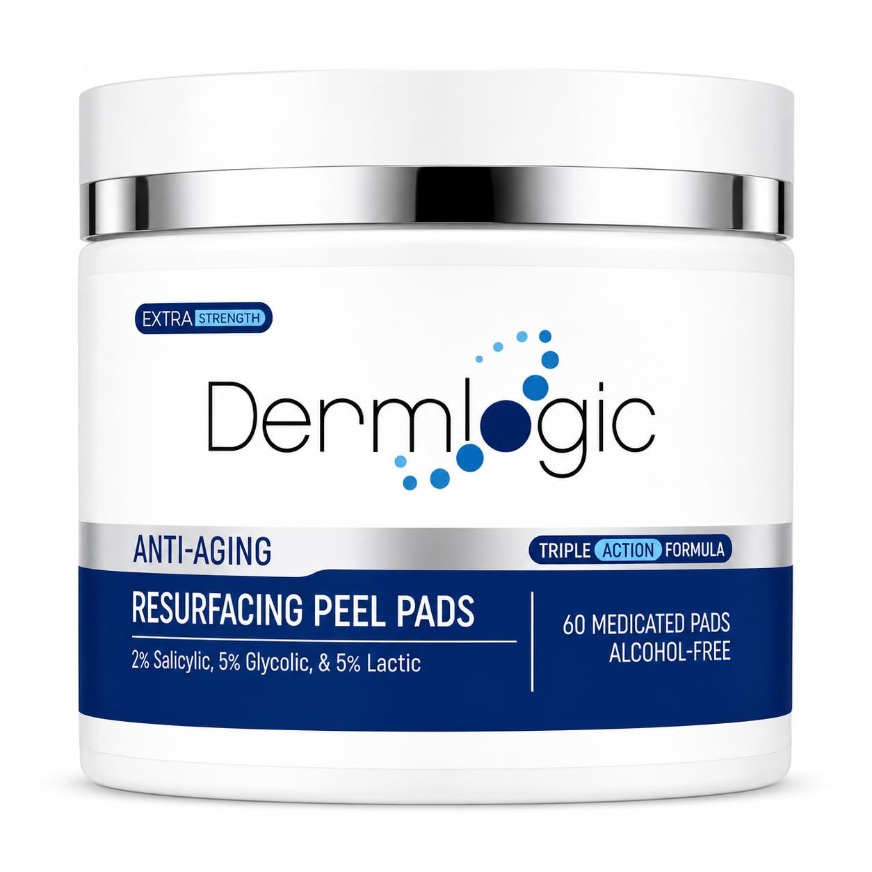 Dermlogic anti-aging resurfacing peel pads with triple-action chemical peel for facial skin exfoliation and rejuvenation.