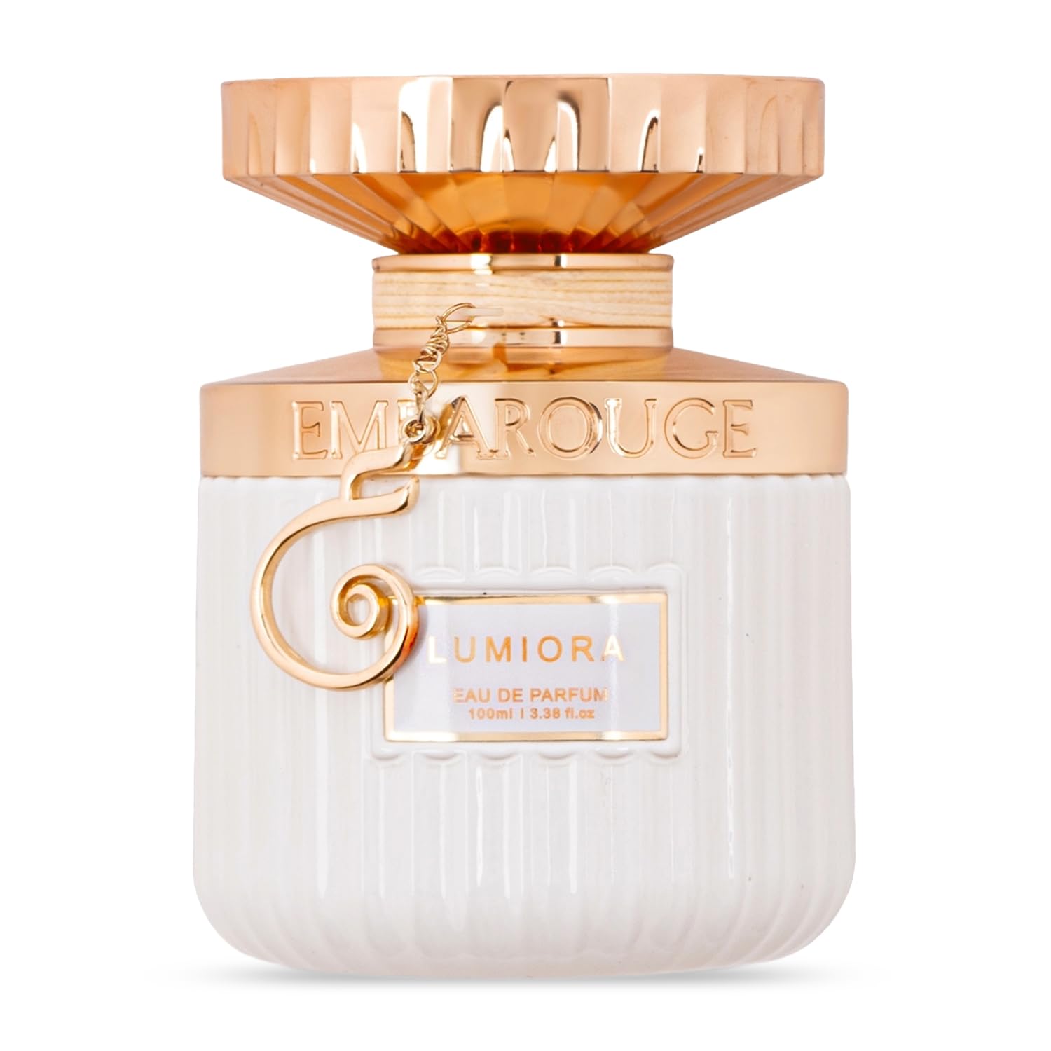 EMBAROUGE Lumiora Eau De Parfum 100ML for women featuring smoky floral scent with black currant and aquatic notes, long-lasting luxury fragrance