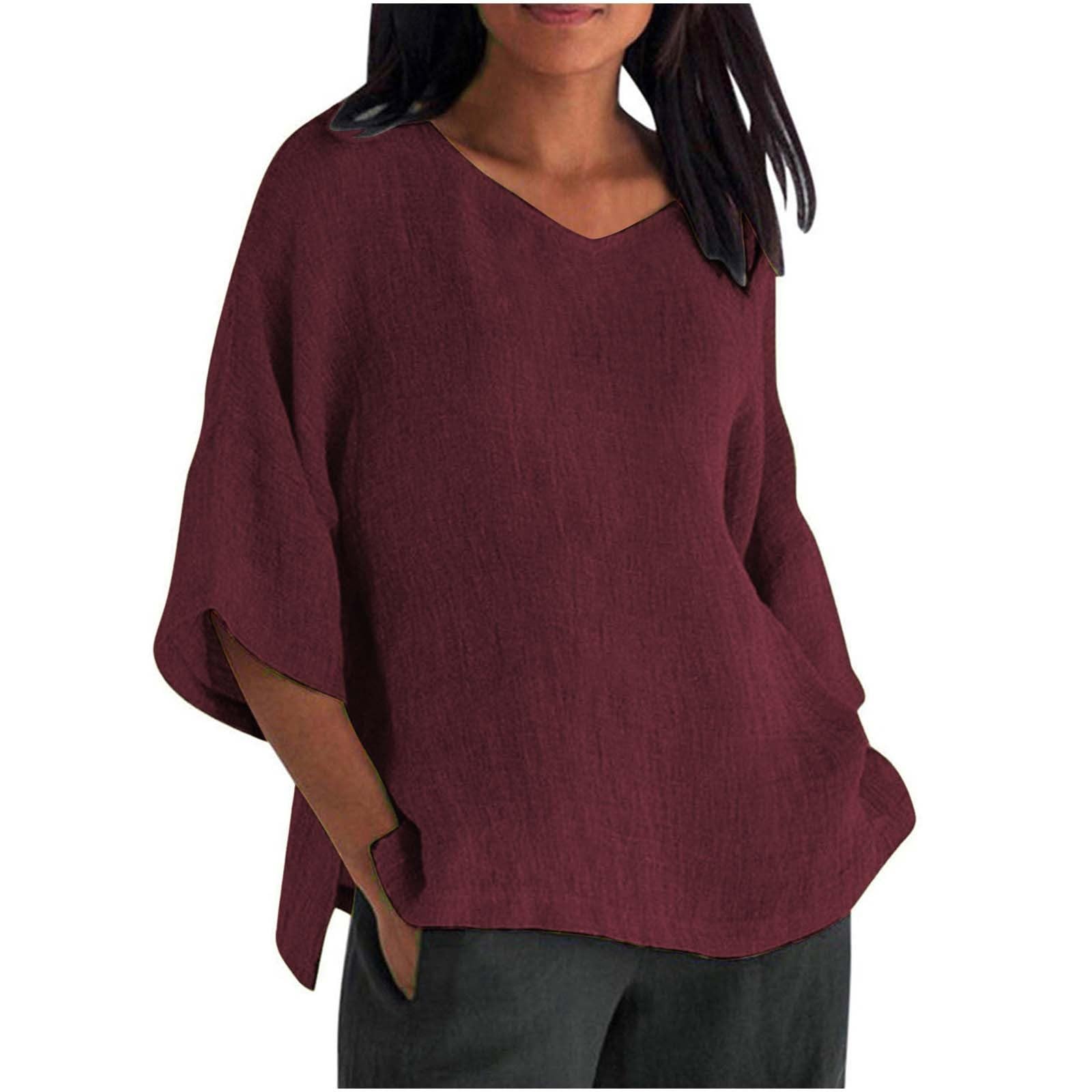 Linen Shirts for Women 2025 Summer Basic Solid Color 3/4 Sleeve Tunic - View 9