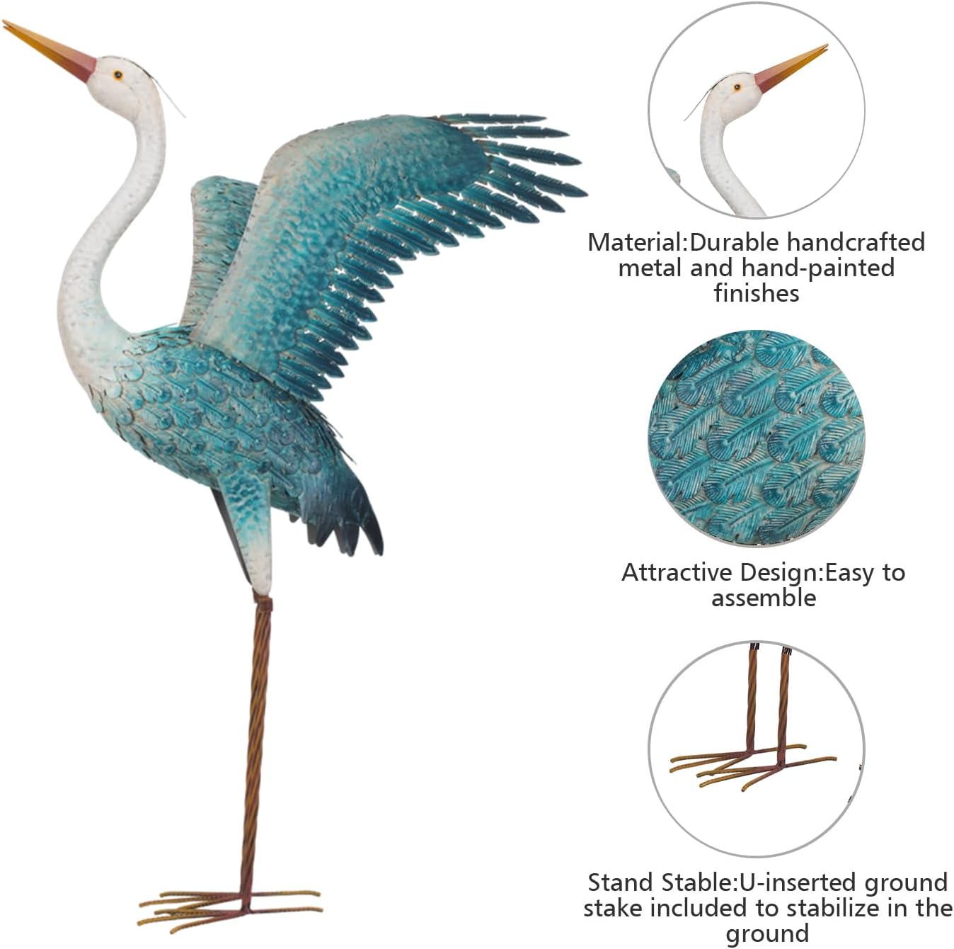 Chisheen outdoor metal heron and crane garden statues in white and blue, yard art sculptures, set of two.