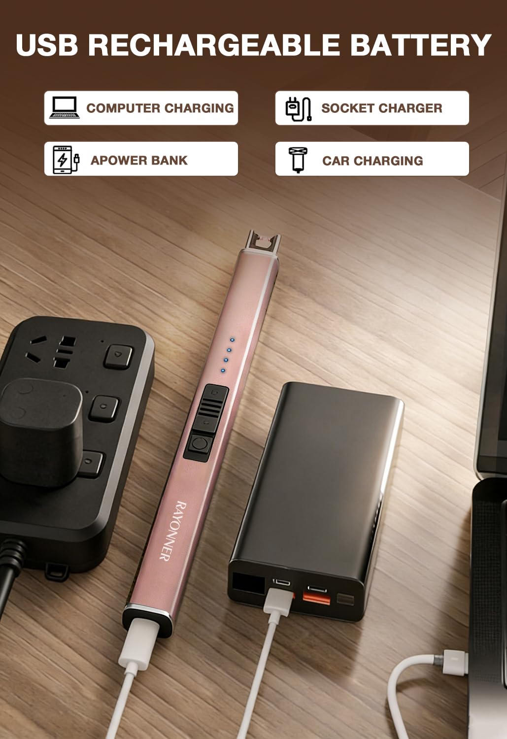 RAYONNER Electric Candle Lighter USB Plasma Arc Windproof Rose Gold - View 3