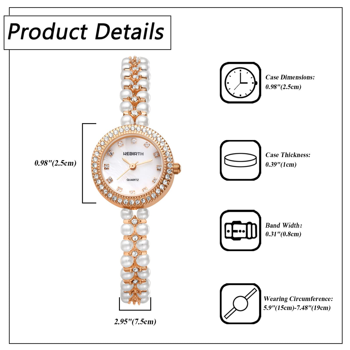 JewelryWe Womens Iced Out Pearl Watch Round Analog Quartz - JewelryWe Official Imagery - 6