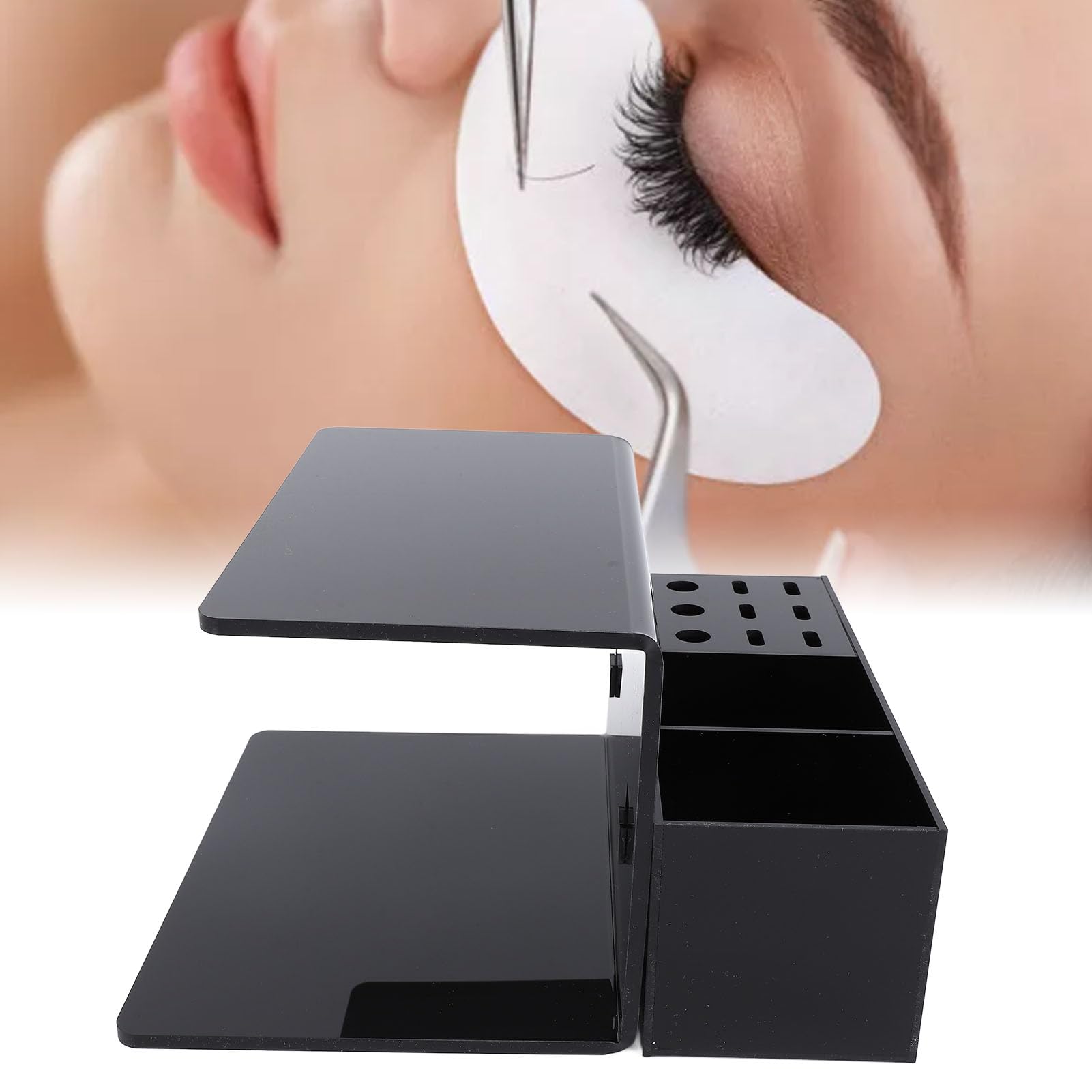 CCYLEZ professional eyelash extension organizer with adjustable height acrylic stand and storage compartments for salon lash artists