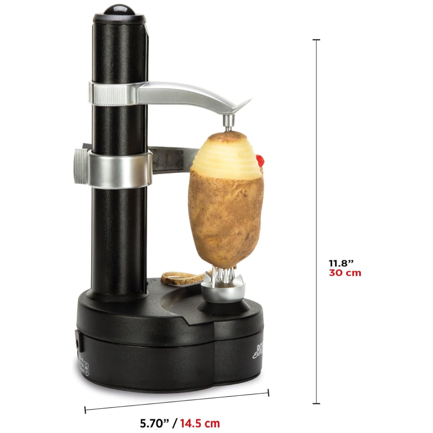 Starfrit Rotato Express electric peeler with two spare blades, showing the compact, handheld design and safety features.