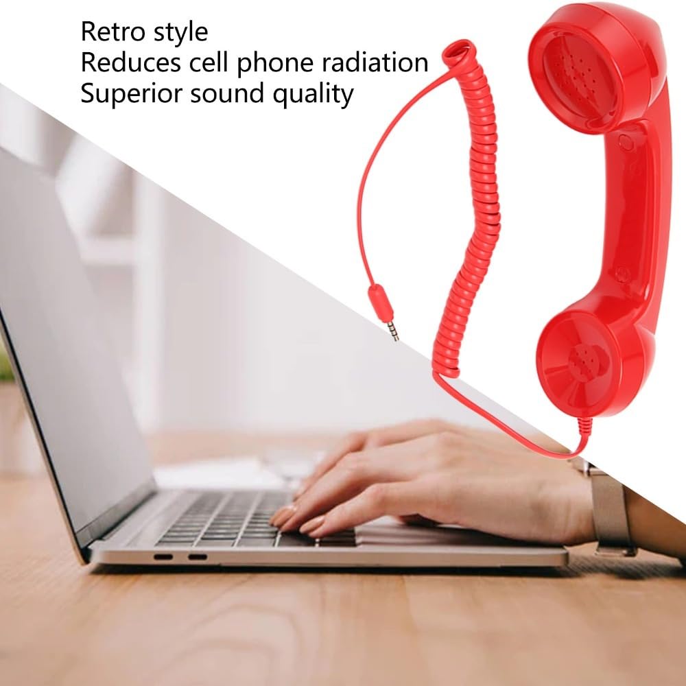 MOPFOL retro red headphone handset with coiled cord and 3.5mm jack, vintage style anti-radiation handheld receiver for smartphones and computers.