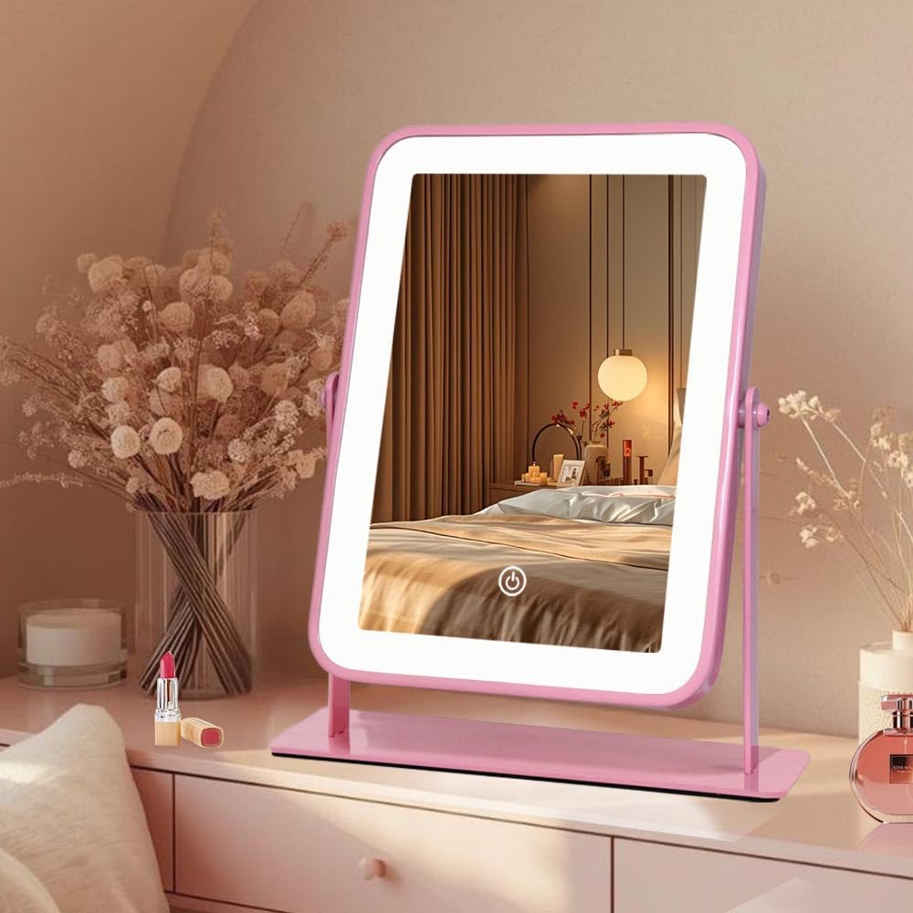 Pink LED Makeup Mirror with Lights Rechargeable Wireless - LAKFUES Official Imagery - 1