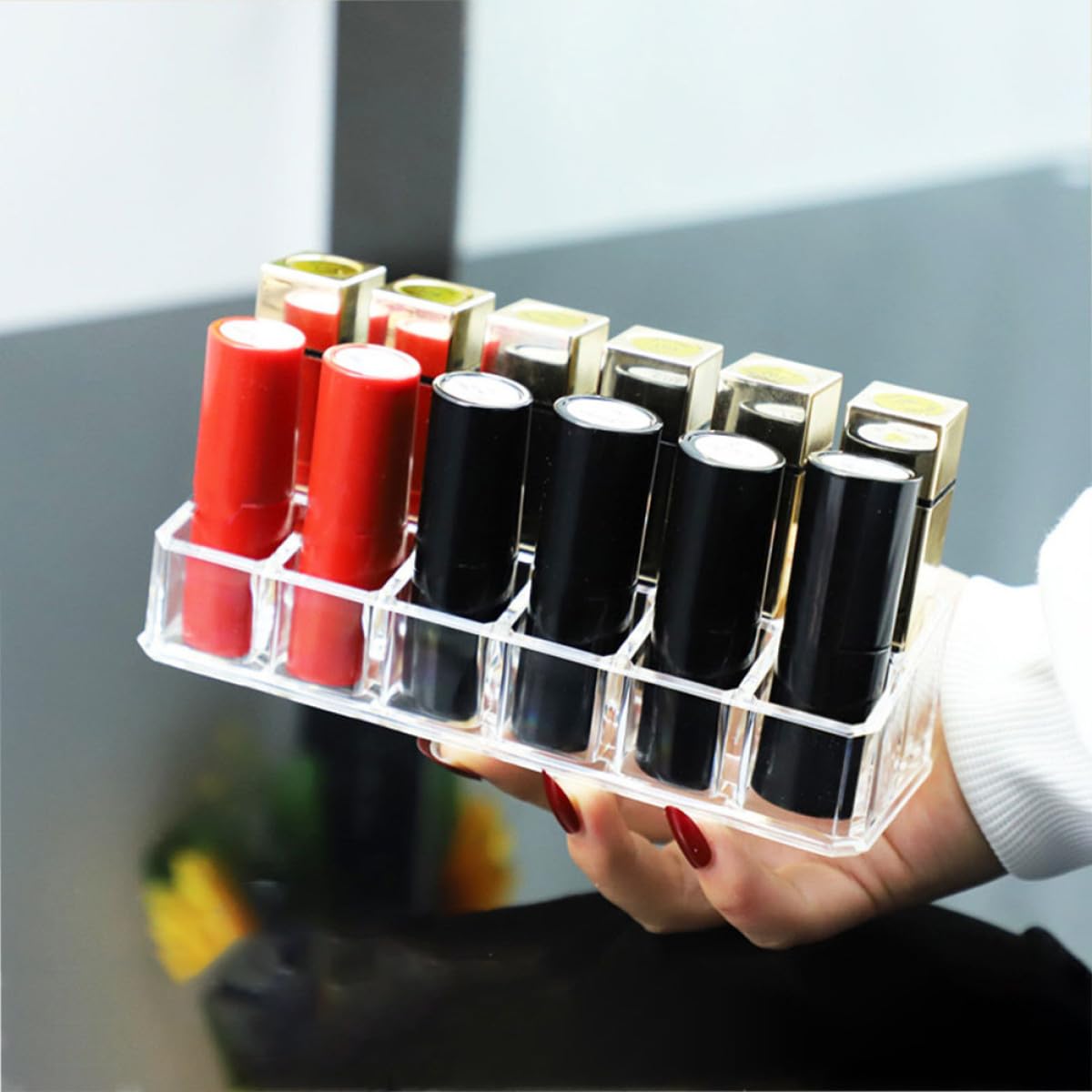 Sewroro 2-piece lipstick organizer and lip gloss holder with 12 slots, double-layer cosmetic storage caddy for vanity or makeup table.