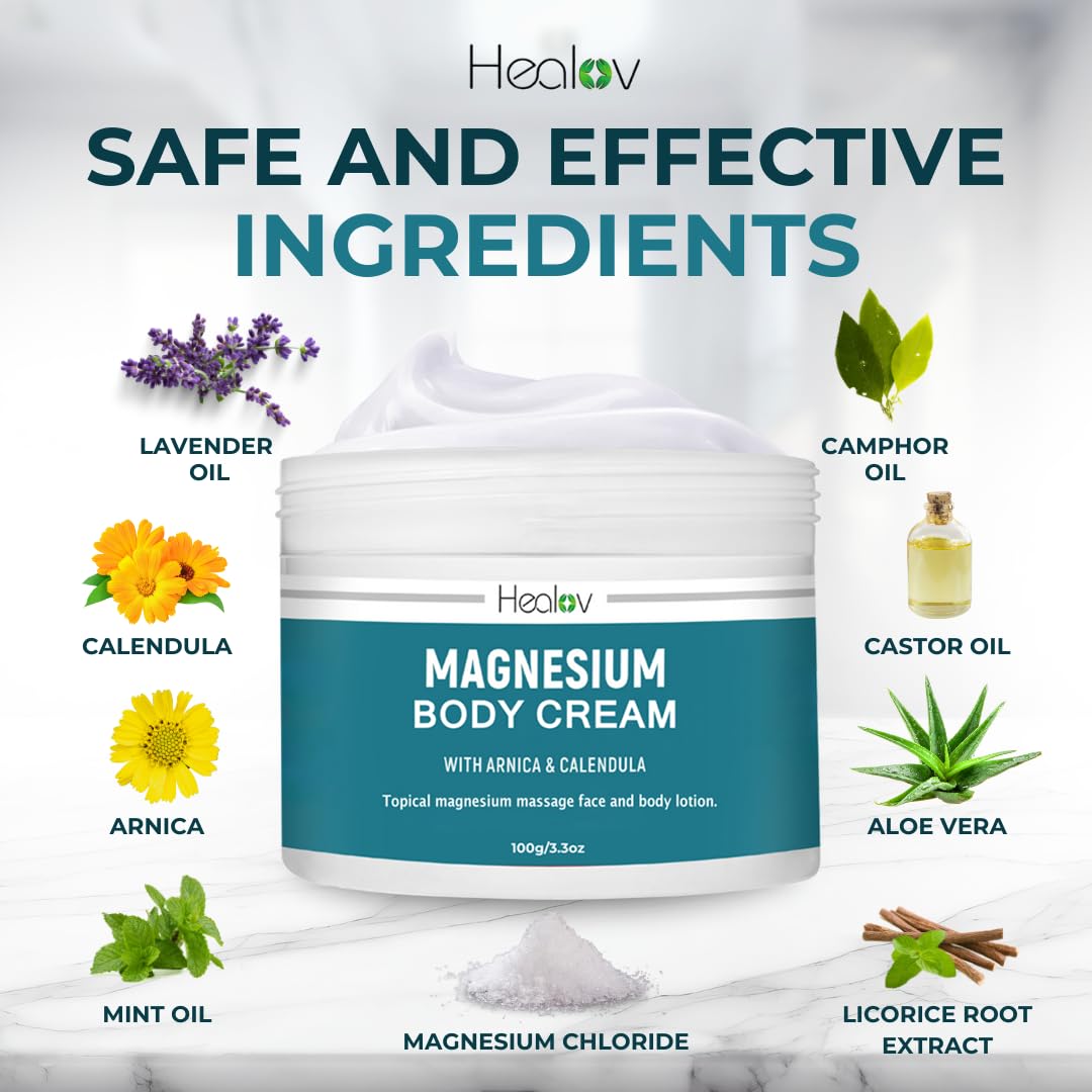 Healov magnesium lotion for sleep, muscle, and leg relief, featuring mineral supplement benefits in a pump bottle.