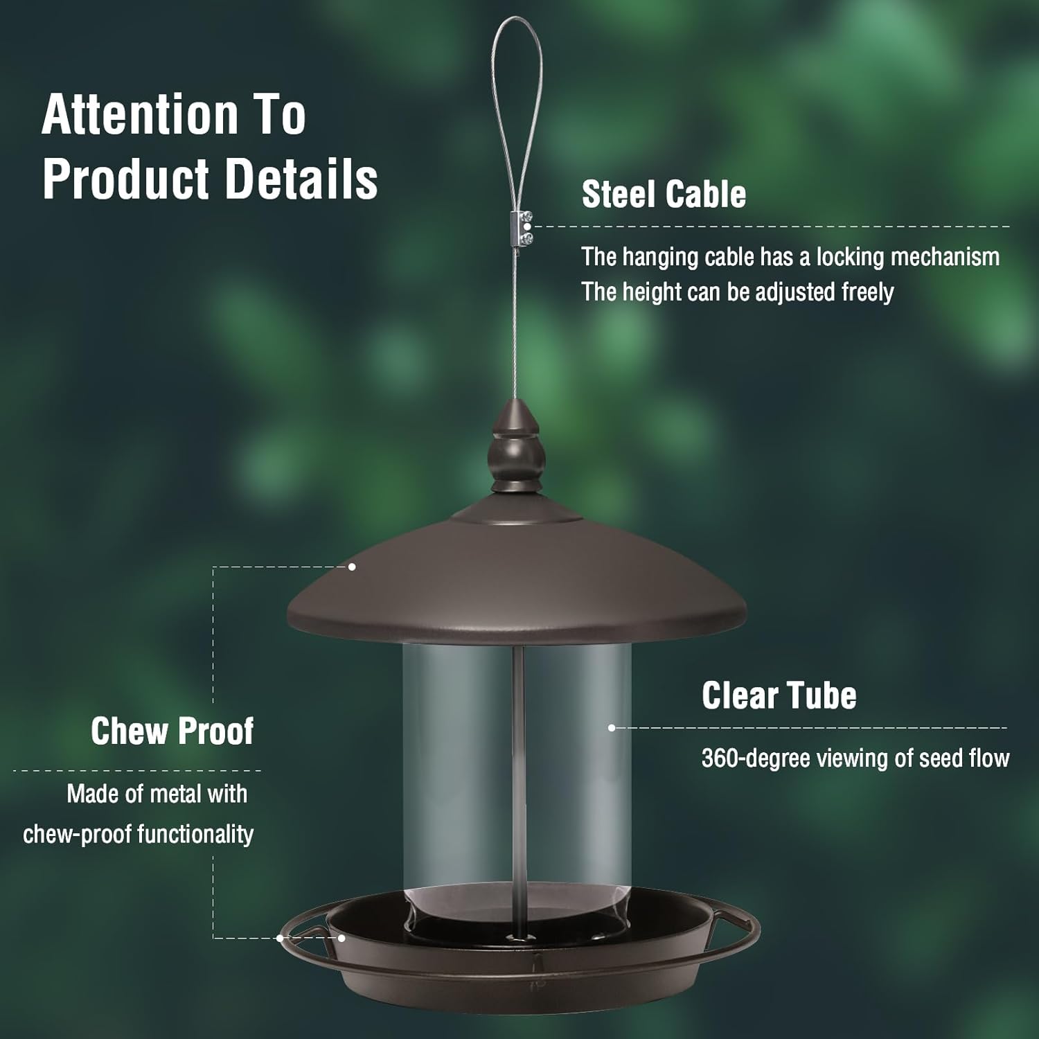 Bronze metal roof bird feeder by Youvip, chew-proof design for outdoor hanging wild bird seeds, with a sturdy metal roof and seed compartment.