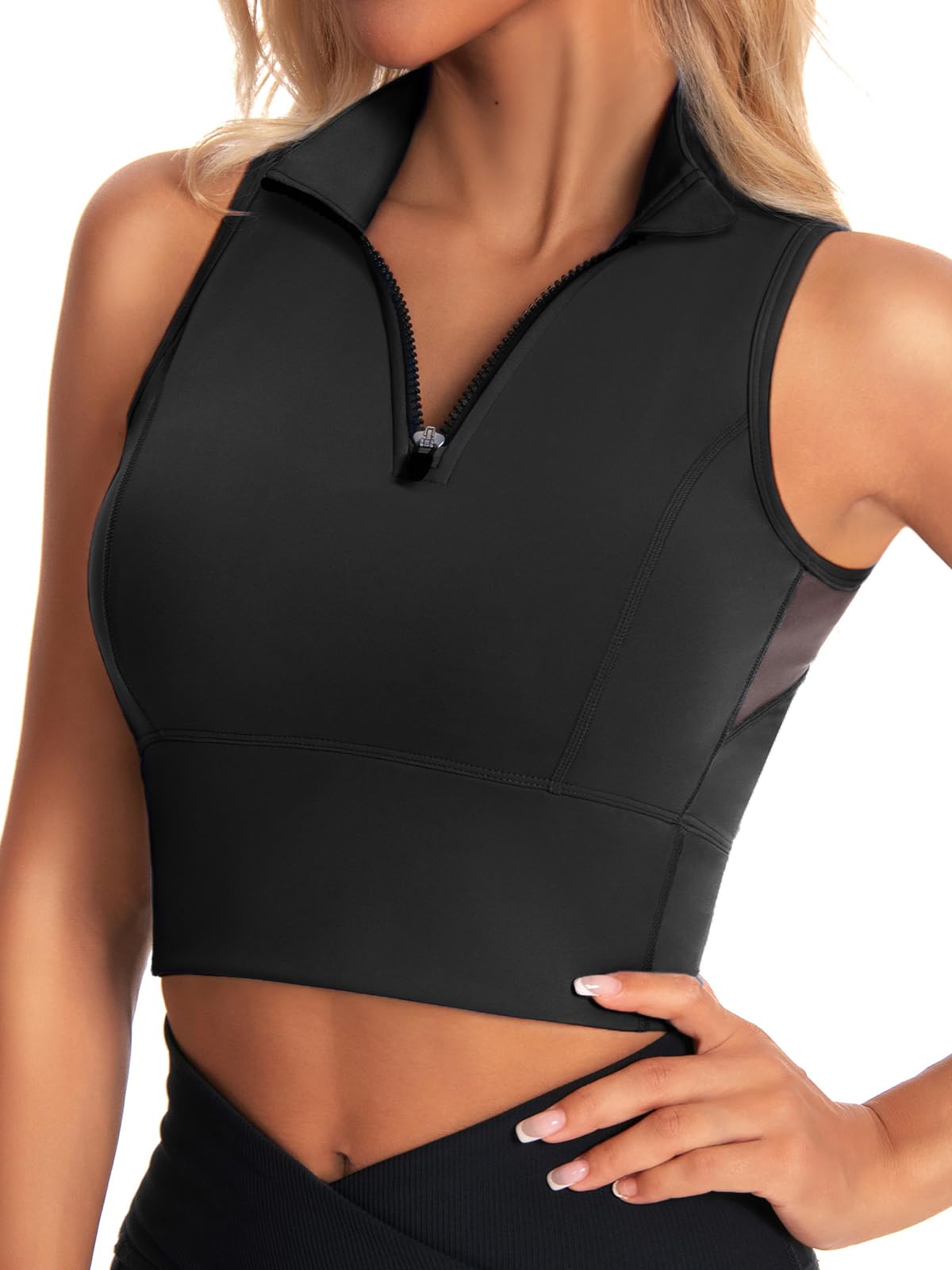 AARYA Zip Front Cropped Workout Tank Tops with Built in Bra - AARYA Official Imagery - 1